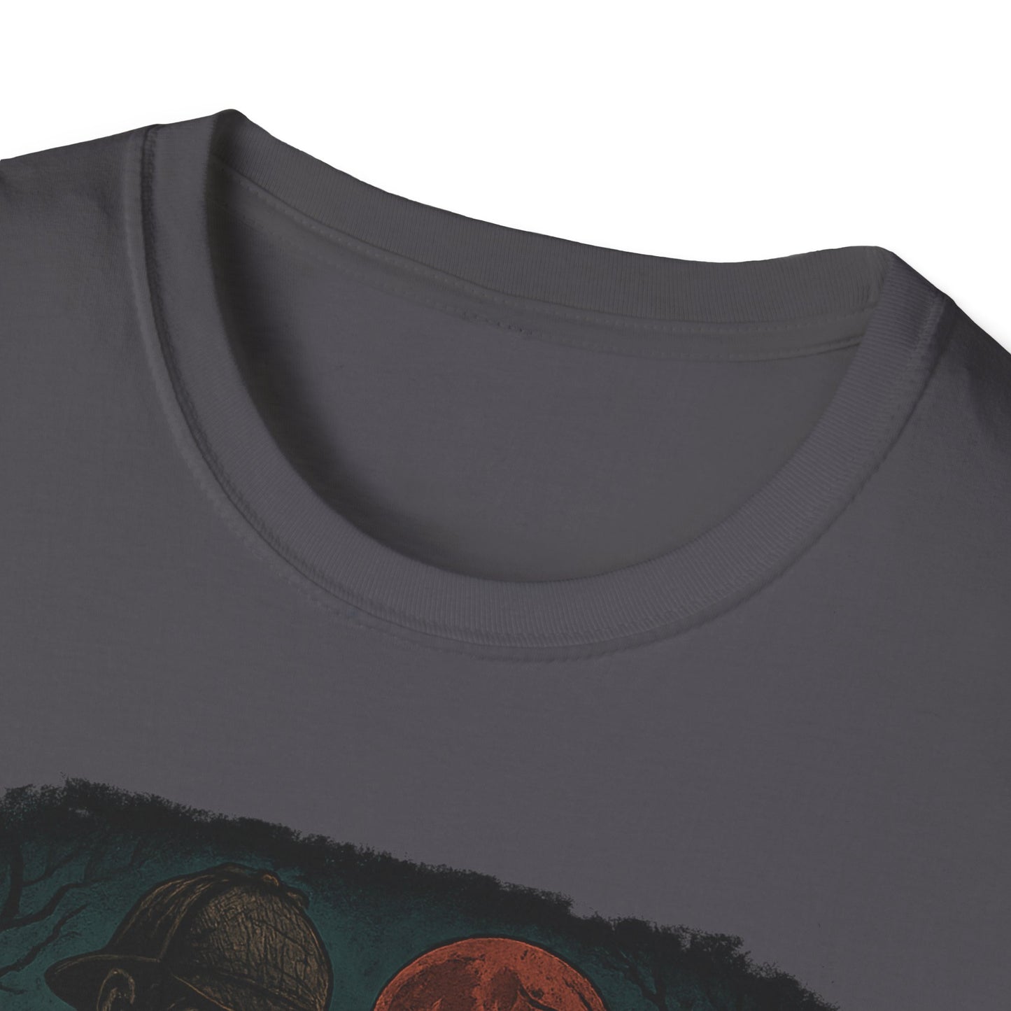Close-up of dark gray Sherlock Holmes werewolf shirt with round neckline and printed design