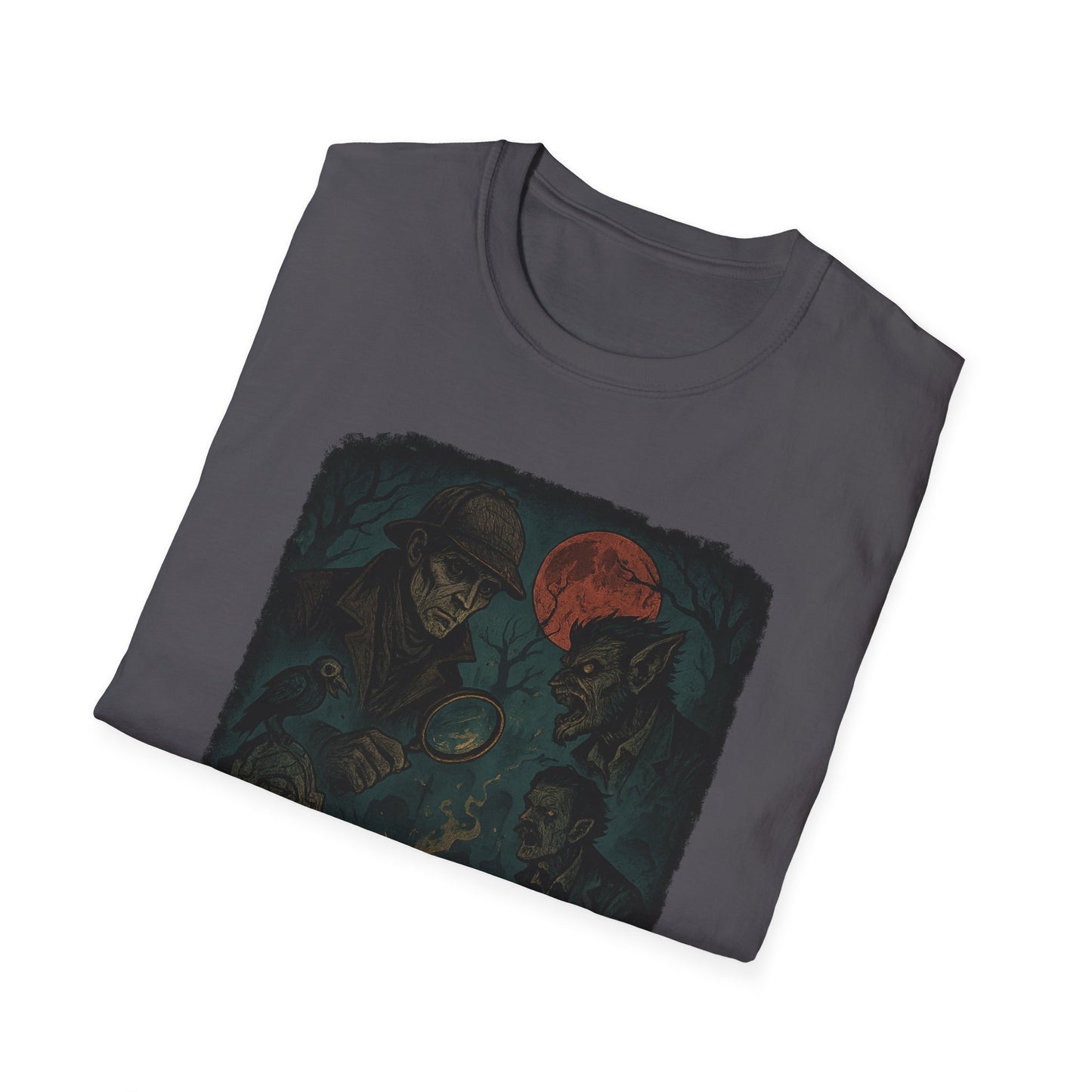 Dark gray Sherlock Holmes werewolf shirt featuring detective examining a werewolf under a red moon