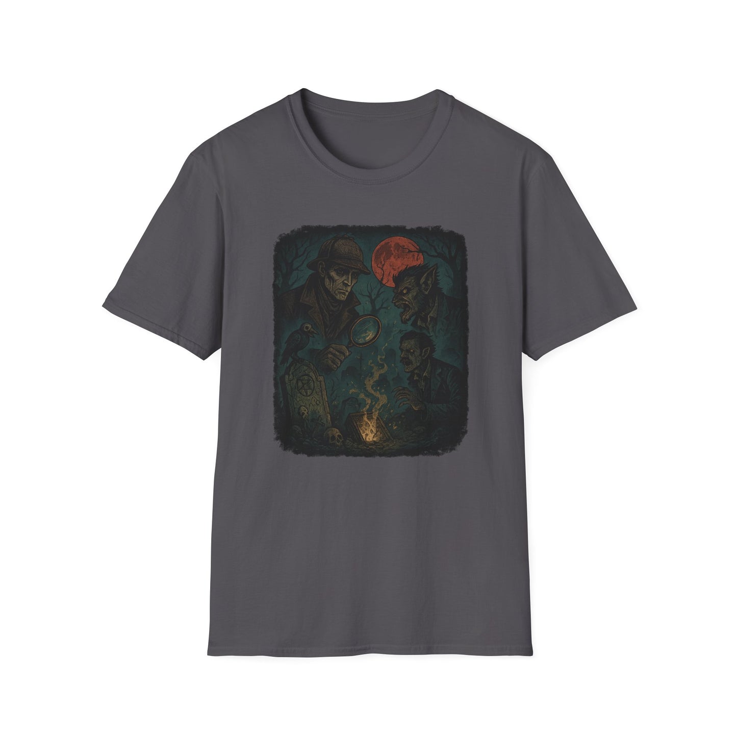 Printify gray Sherlock Holmes werewolf shirt featuring Sherlock Holmes examining clues with a werewolf and a blood moon