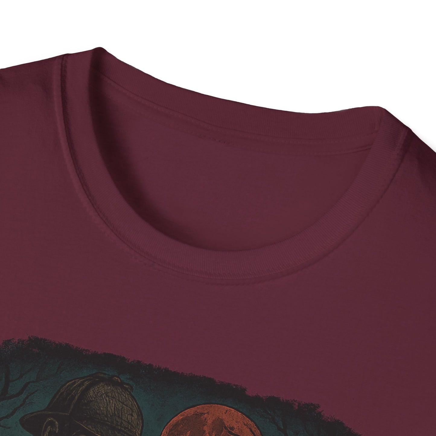 Printify maroon Sherlock Holmes werewolf shirt with detailed graphic design and round neckline