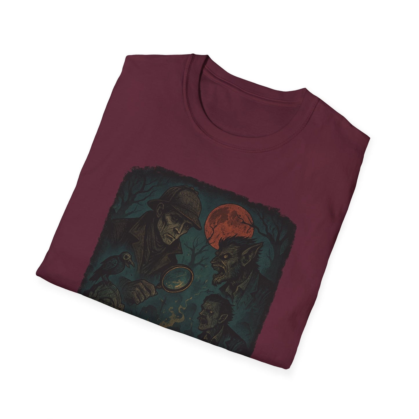 Maroon T-shirt featuring a Sherlock Holmes werewolf shirt design with detective and werewolf under red moon