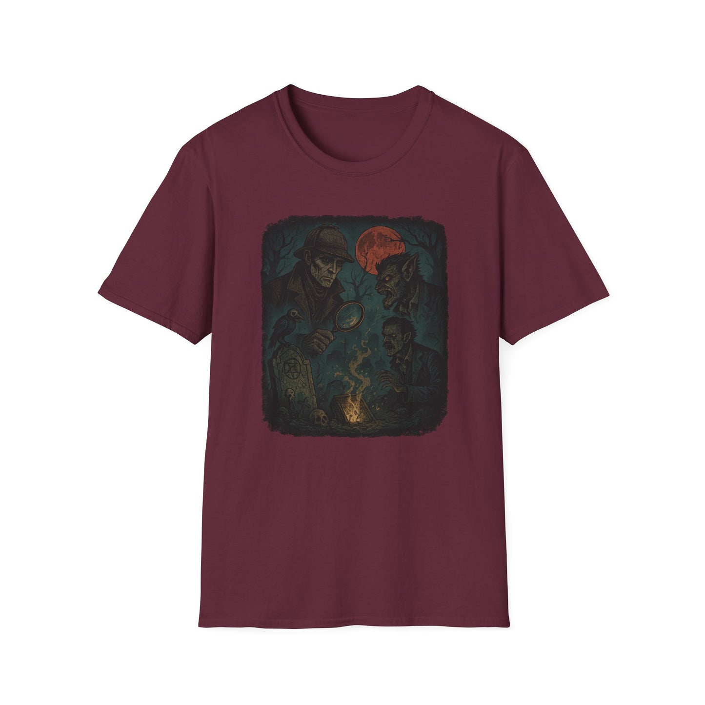 Printify maroon Sherlock Holmes werewolf shirt featuring a dark mystery scene with Sherlock, a werewolf, and a red moon