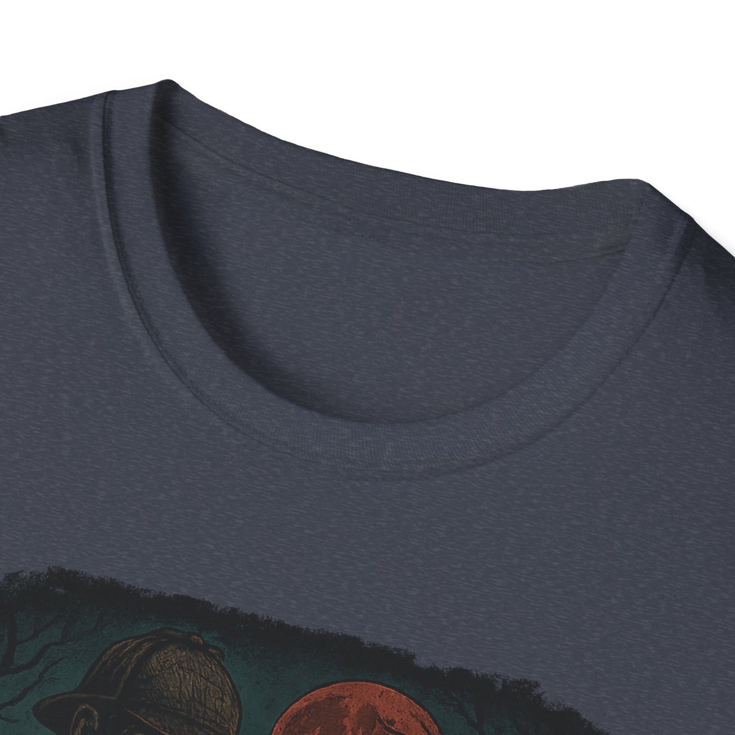 Close-up of navy blue Sherlock Holmes werewolf shirt showing collar and partial graphic print