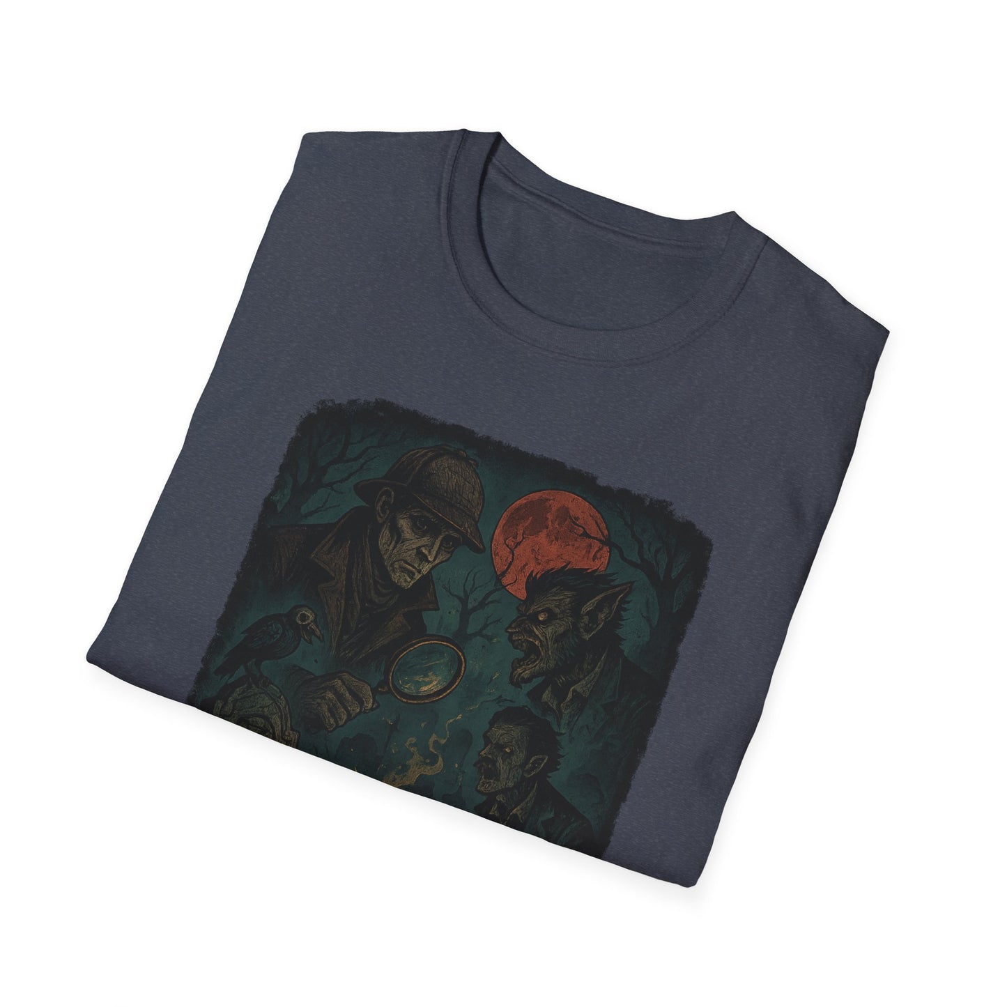 Dark blue Printify T-shirt featuring a Sherlock Holmes werewolf shirt design with detective and werewolf artwork
