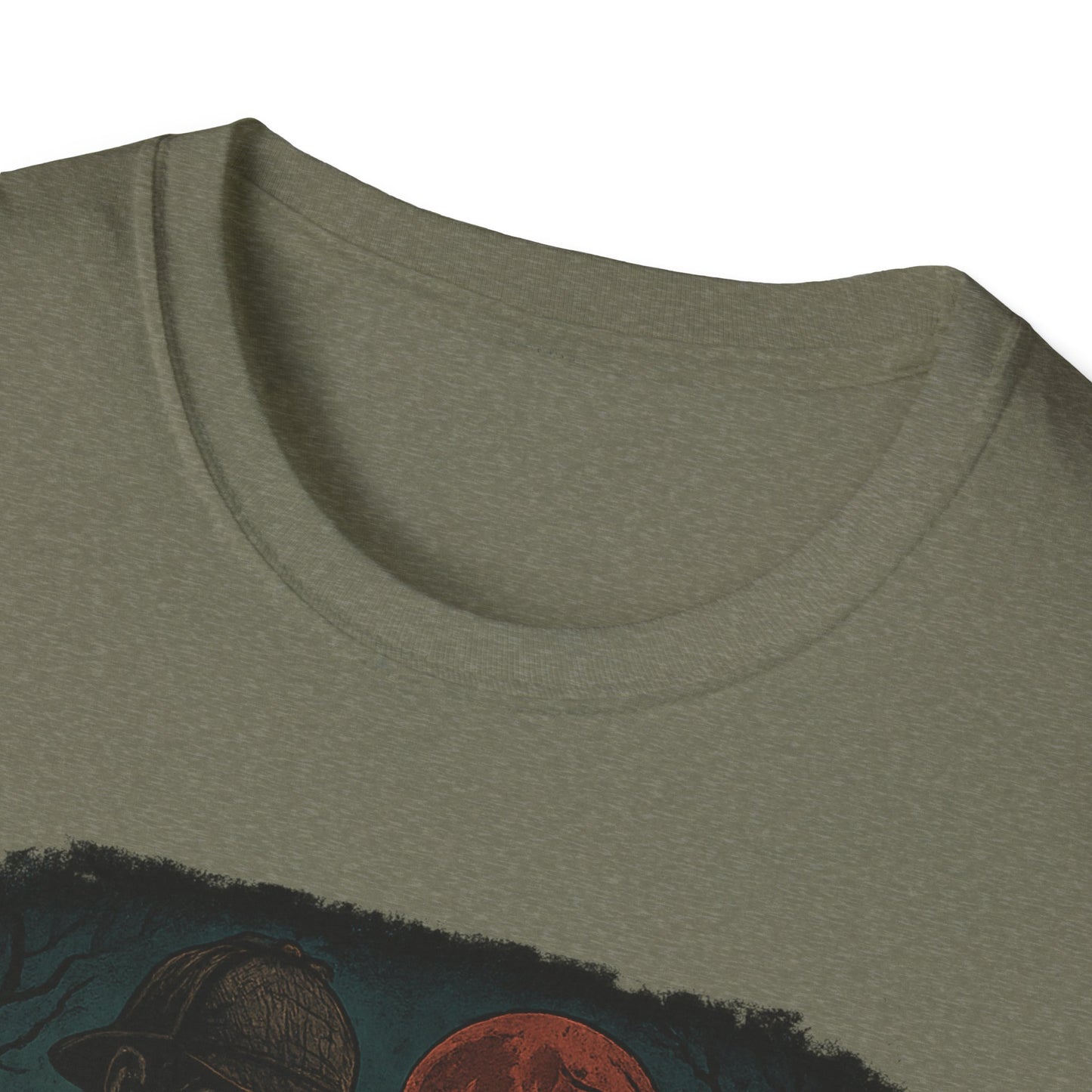 Close-up of olive green Sherlock Holmes werewolf shirt with round neckline by Printify