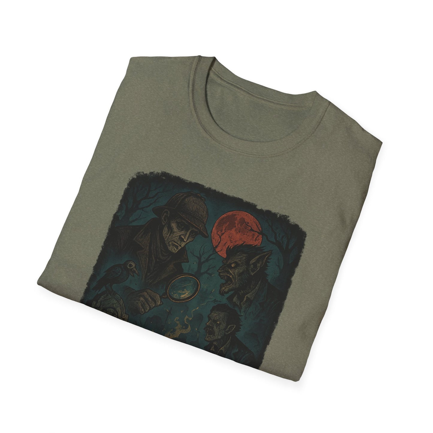 Sherlock Holmes werewolf shirt with dark detective and werewolf graphic on olive green Printify T-shirt