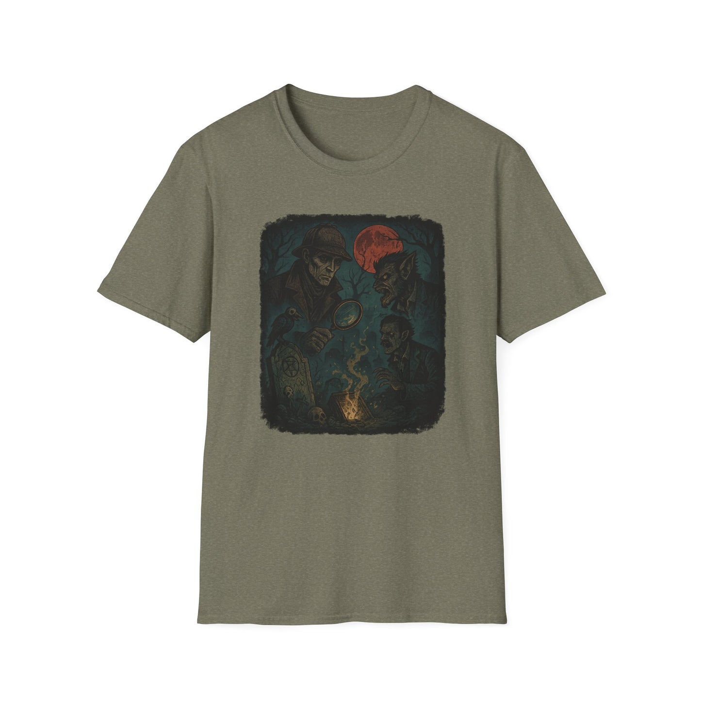 Printify Sherlock Holmes werewolf shirt with dark mystery design on olive green t-shirt