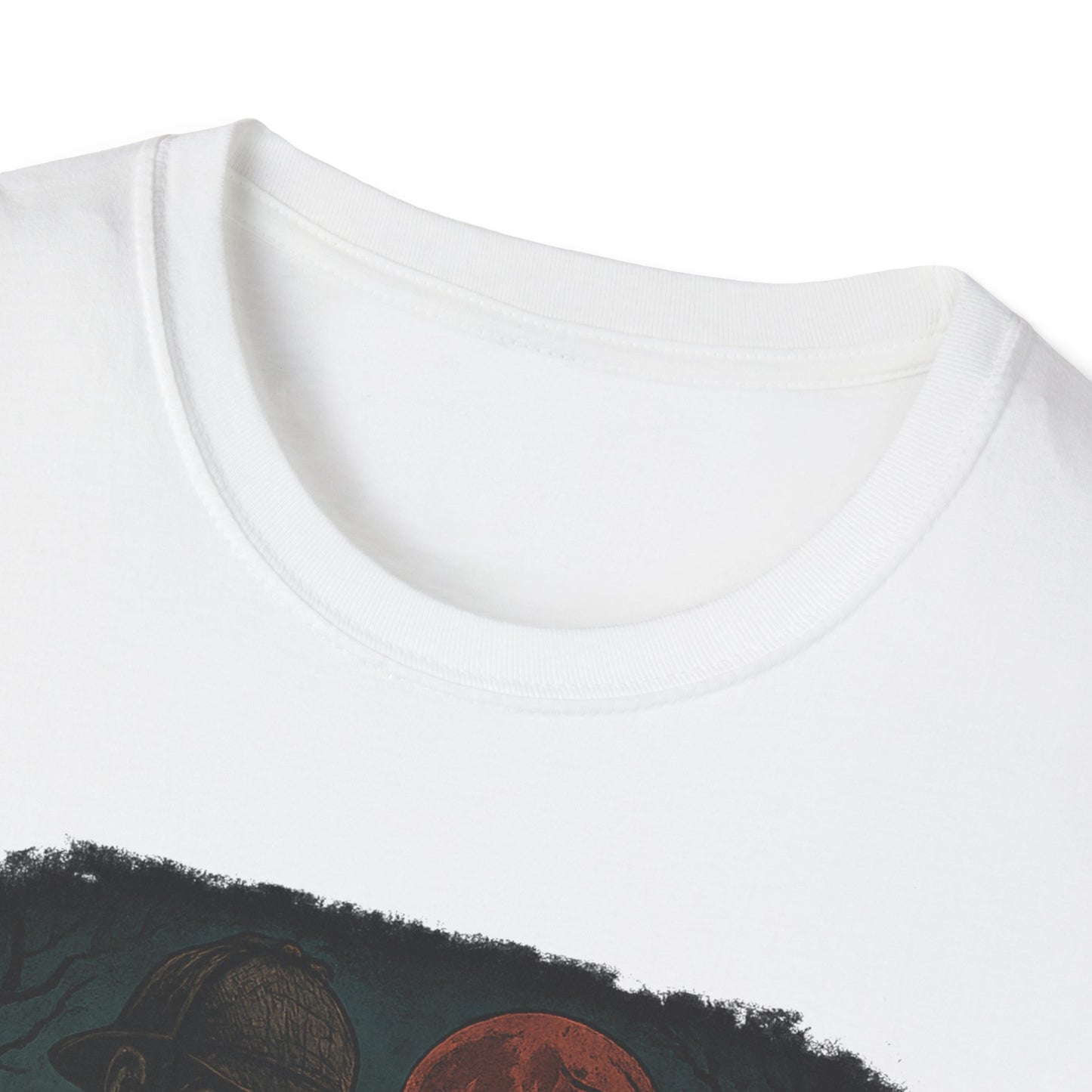 White Printify T-Shirt featuring a Sherlock Holmes werewolf shirt design with dark graphic art