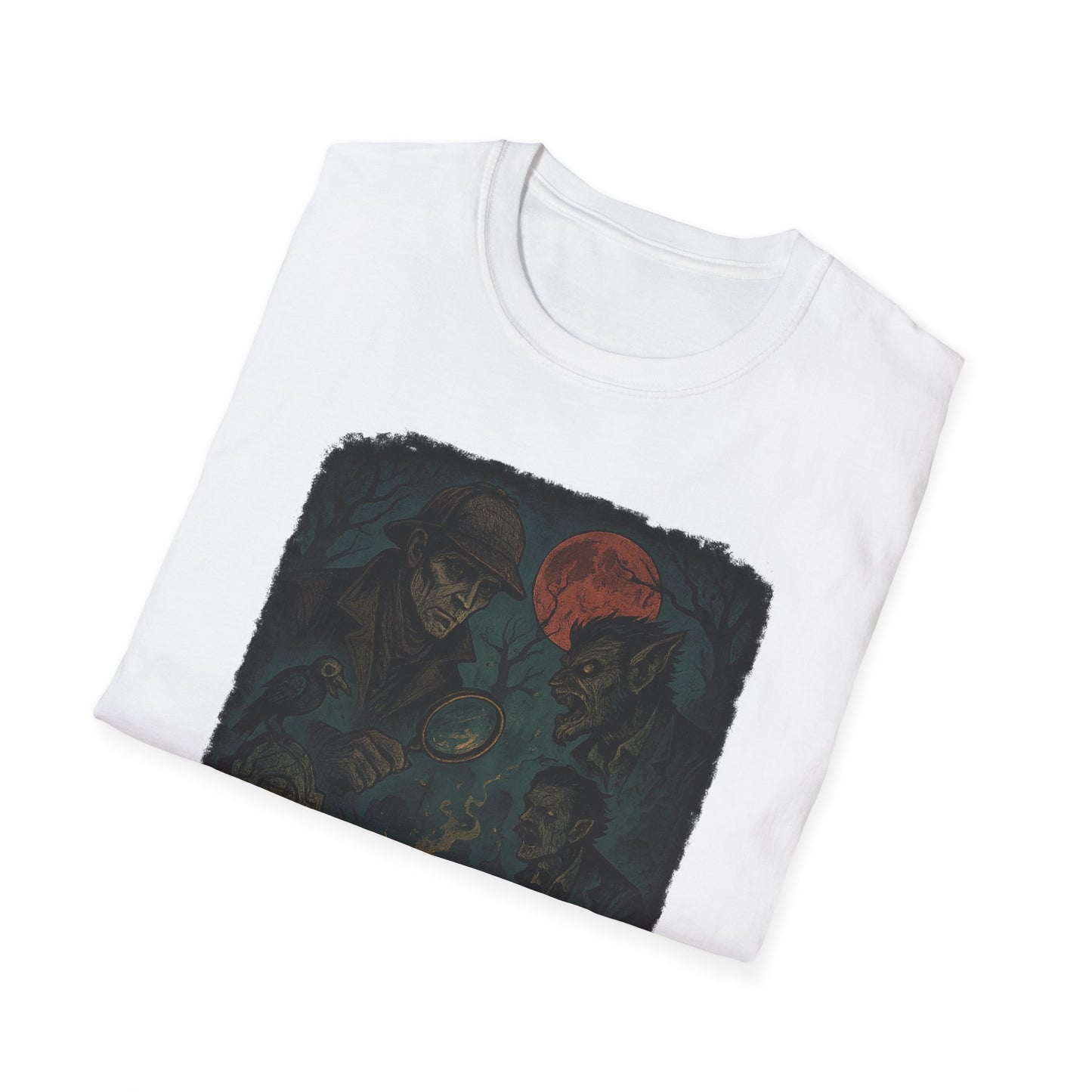 White Printify T-shirt featuring a dark graphic of Sherlock Holmes investigating a werewolf with a red moon background Sherlock Holmes werewolf shirt