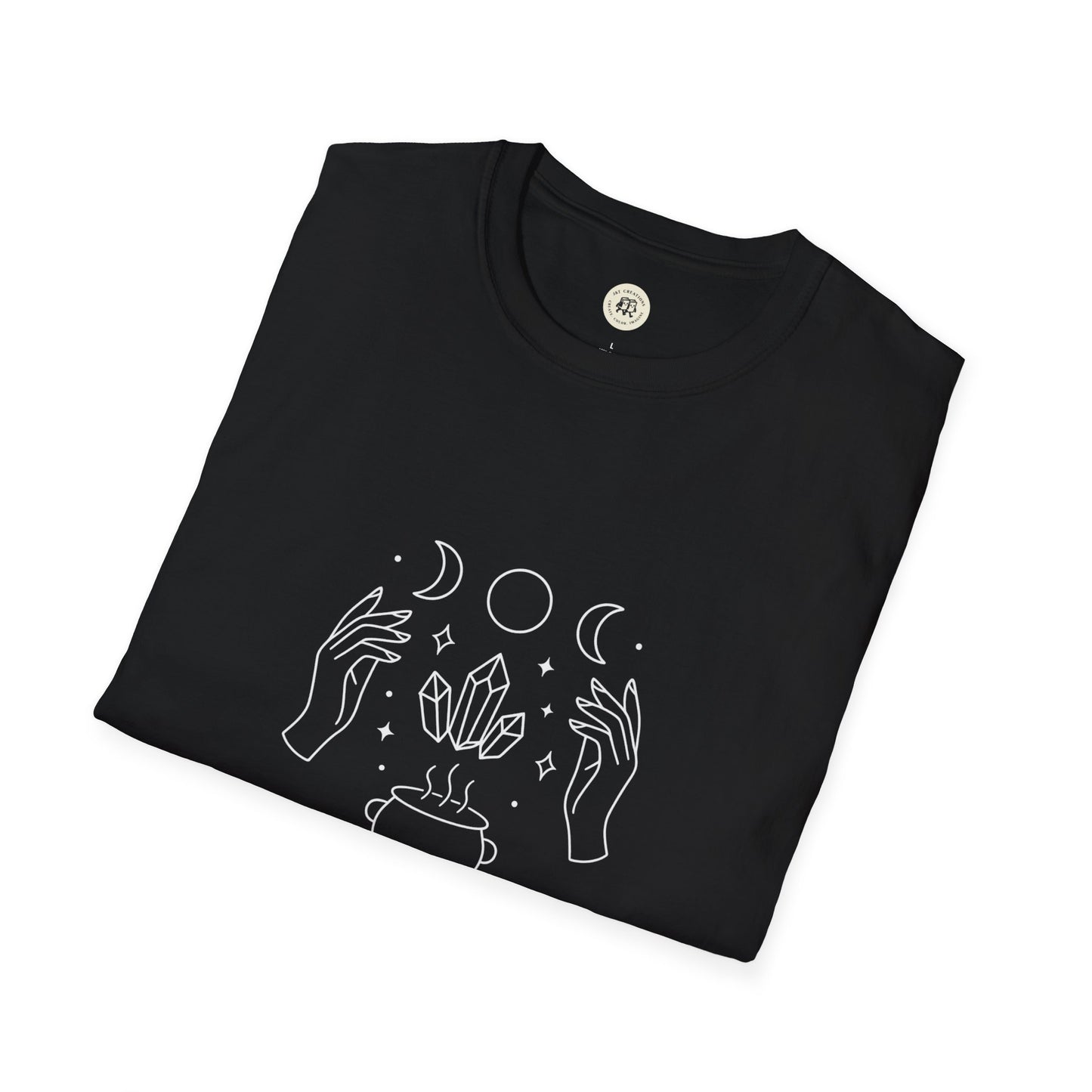 Printify black witchcraft t-shirt unisex with white line art of hands crystals cauldron and moon phases