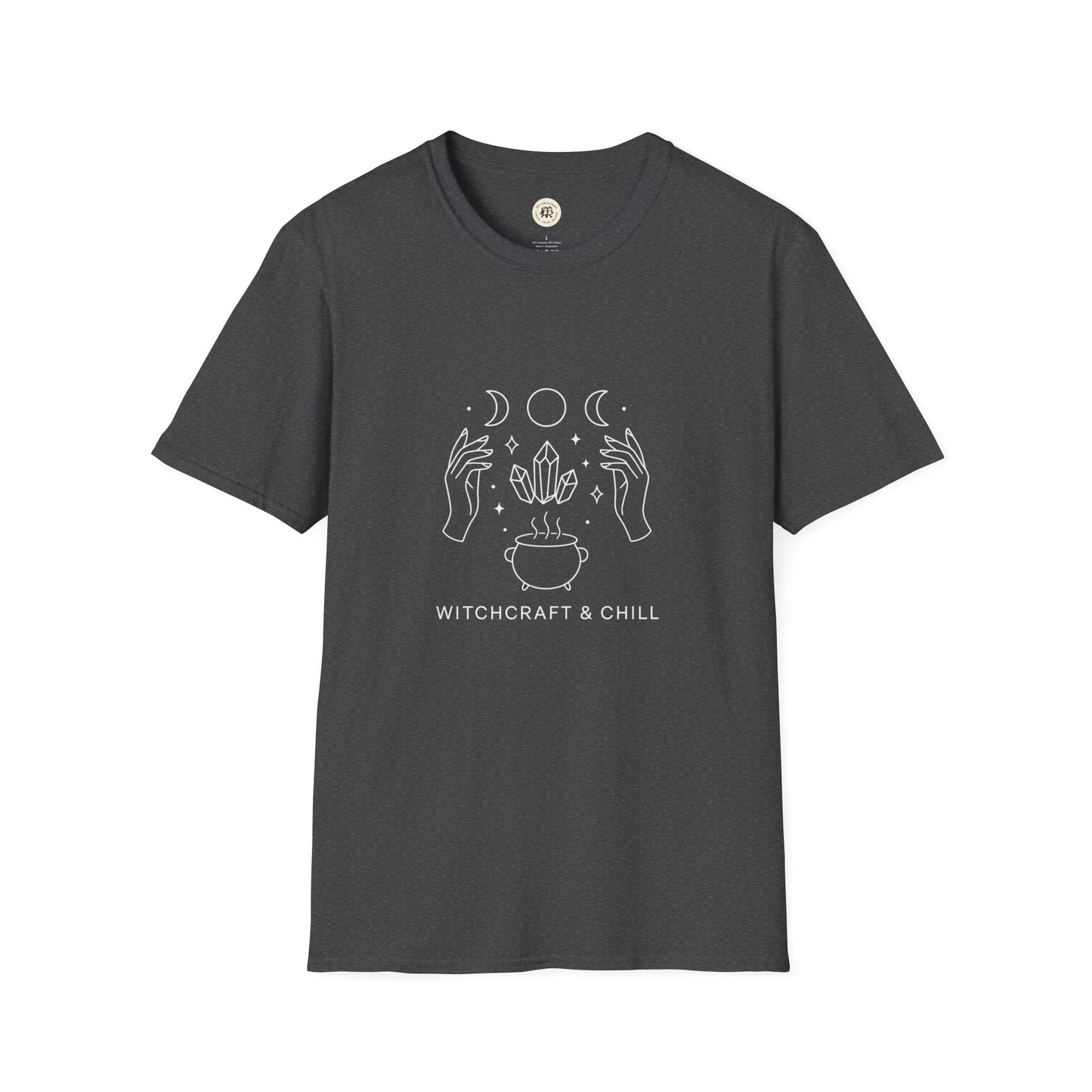 Charcoal Printify witchcraft t-shirt unisex with white line art moons hands cauldron crystals and WITCHCRAFT AND CHILL text