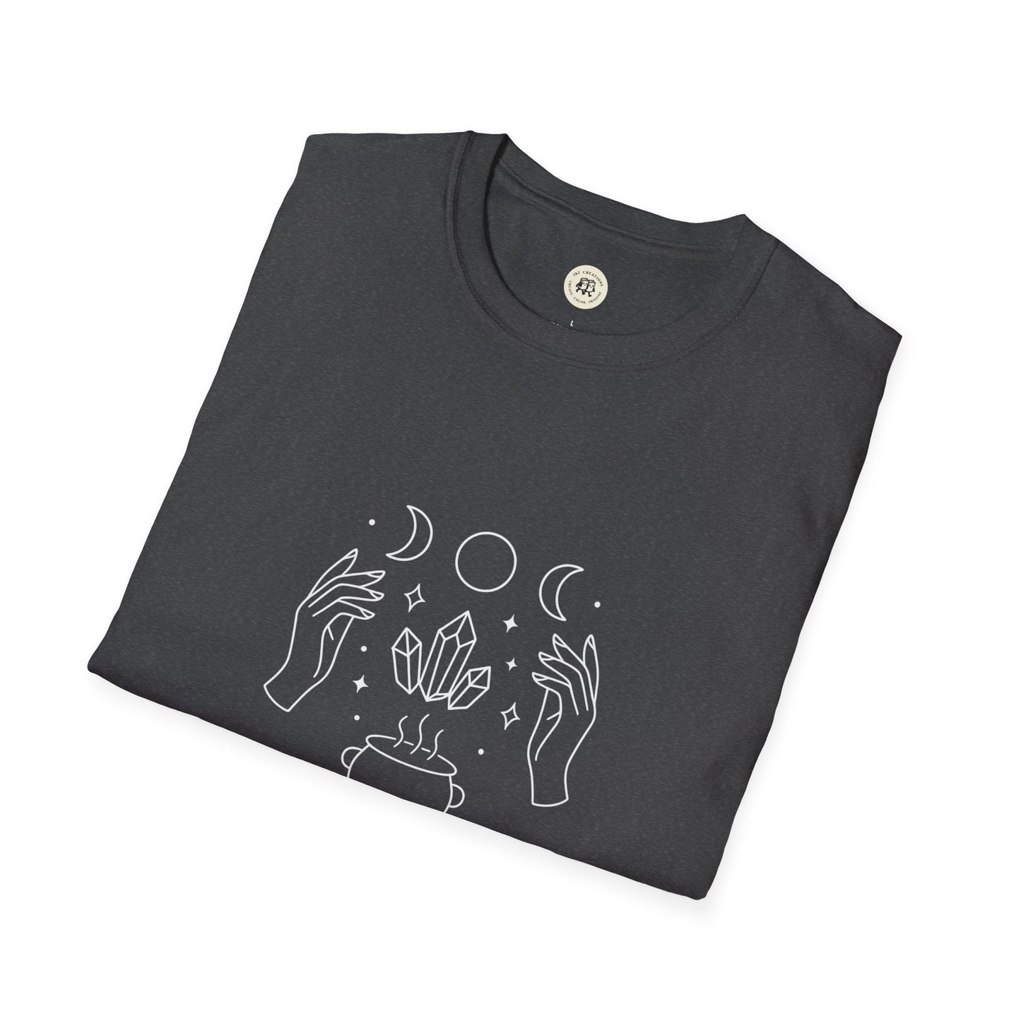 Folded charcoal shirt with white line art hands crystals cauldron and moon phases witchcraft t-shirt unisex