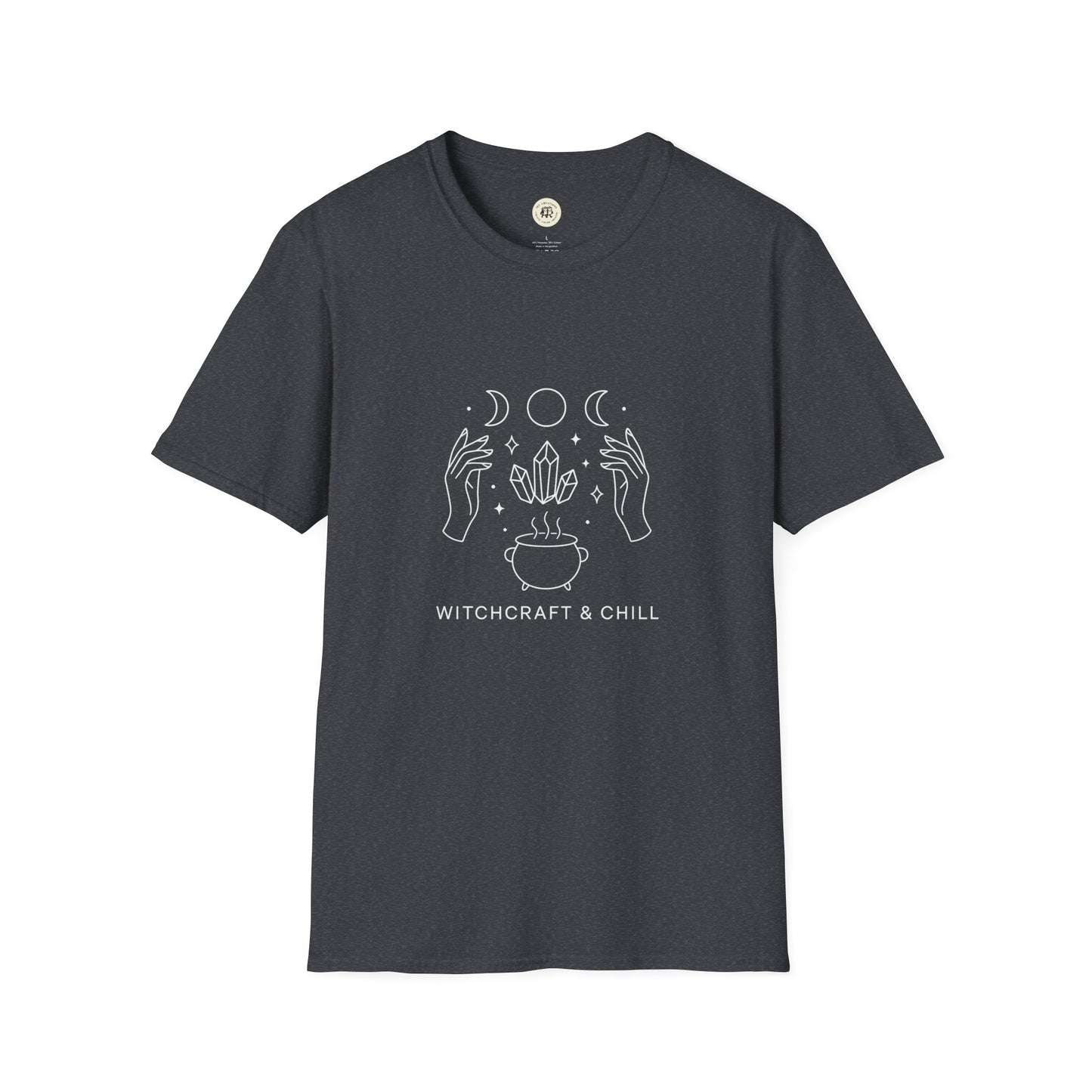 Printify charcoal t shirt with white line art hands crystals moons cauldron and Witchcraft and Chill text witchcraft t-shirt unisex