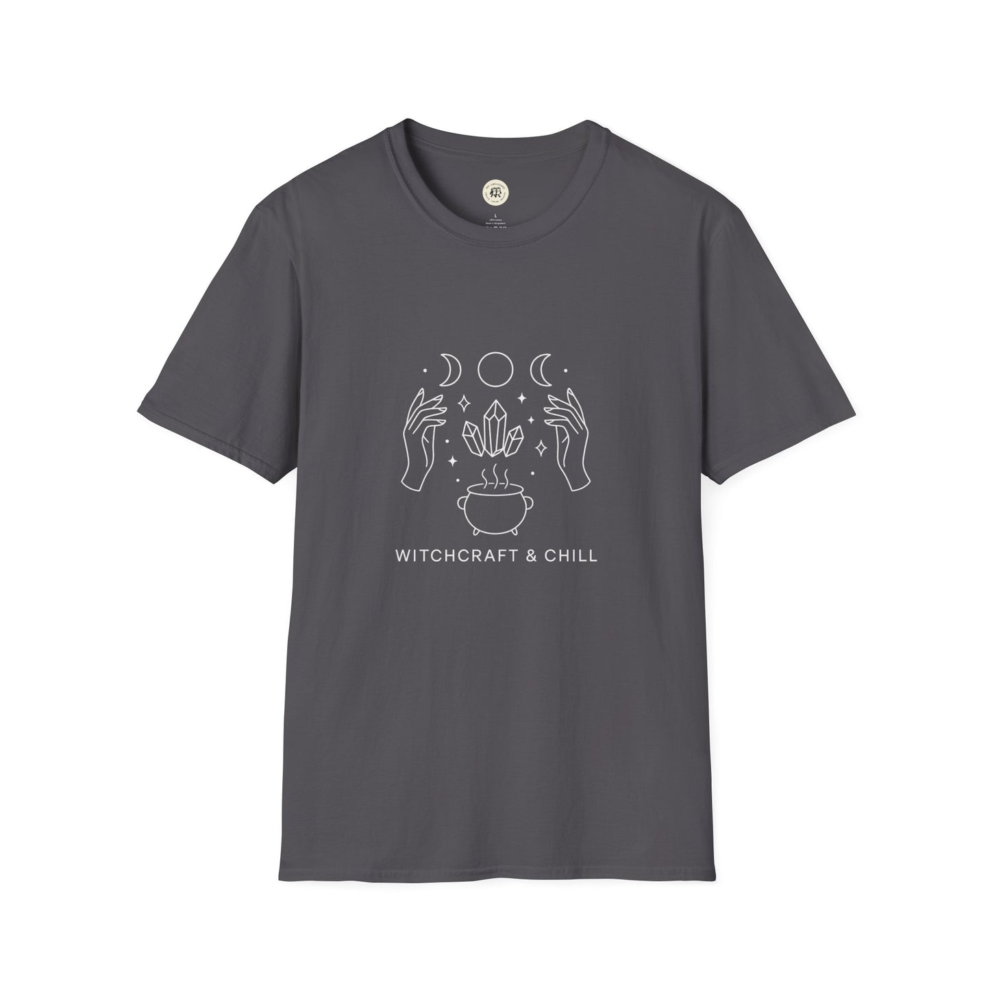 Printify charcoal gray shirt with white moon phases hands crystals cauldron Witchcraft and Chill design witchcraft t-shirt unisex
