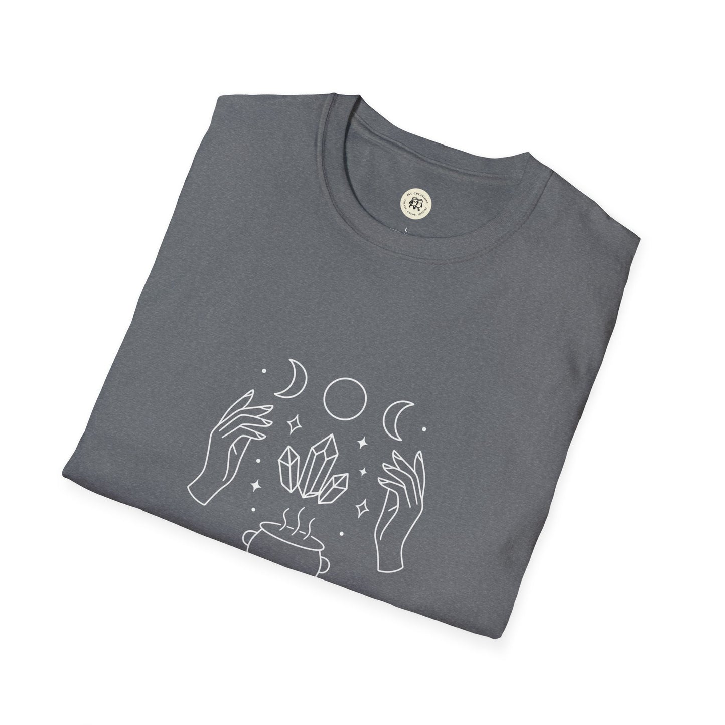 Printify folded gray witchcraft t-shirt unisex with white mystical line art hands crystals and moon phases