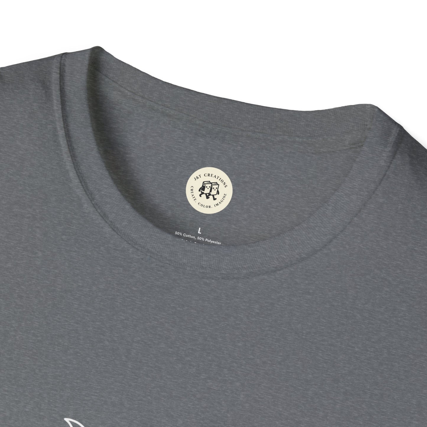 Gray crewneck witchcraft t-shirt unisex showing soft heather fabric close up neckline and Printify label