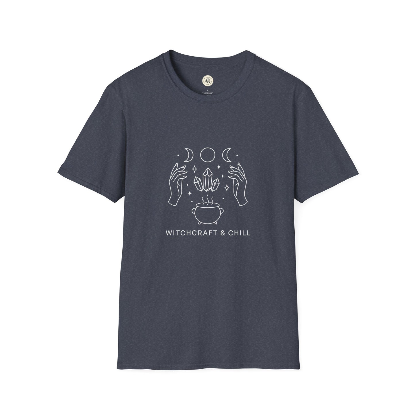 Printify dark charcoal witchcraft t-shirt unisex featuring white line art moons hands crystals and cauldron