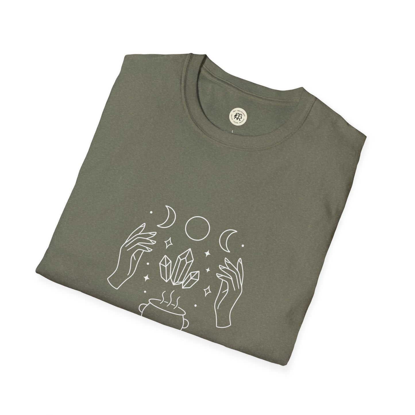 Olive folded Printify witchcraft t-shirt unisex with white line art hands crystals cauldron and moon phases