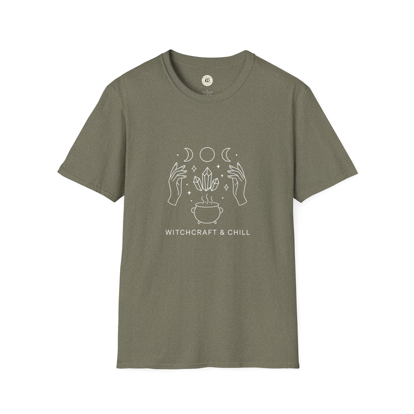 Olive unisex tee with white witch hands moon phases crystals and cauldron print witchcraft t-shirt unisex
