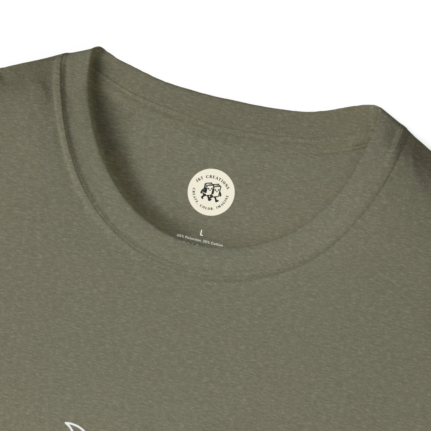 Printify olive green crewneck closeup showing neckline and label witchcraft t-shirt unisex