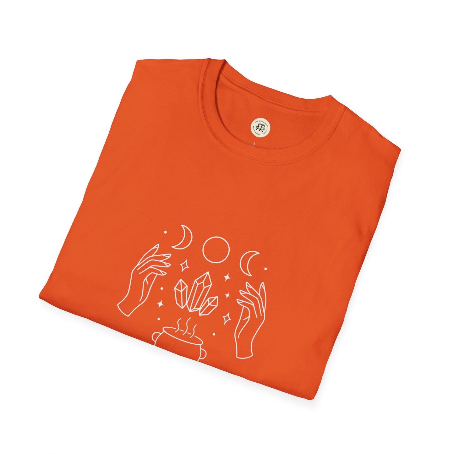 Printify orange witchcraft t-shirt unisex with white line art showing hands crystals cauldron moons and stars