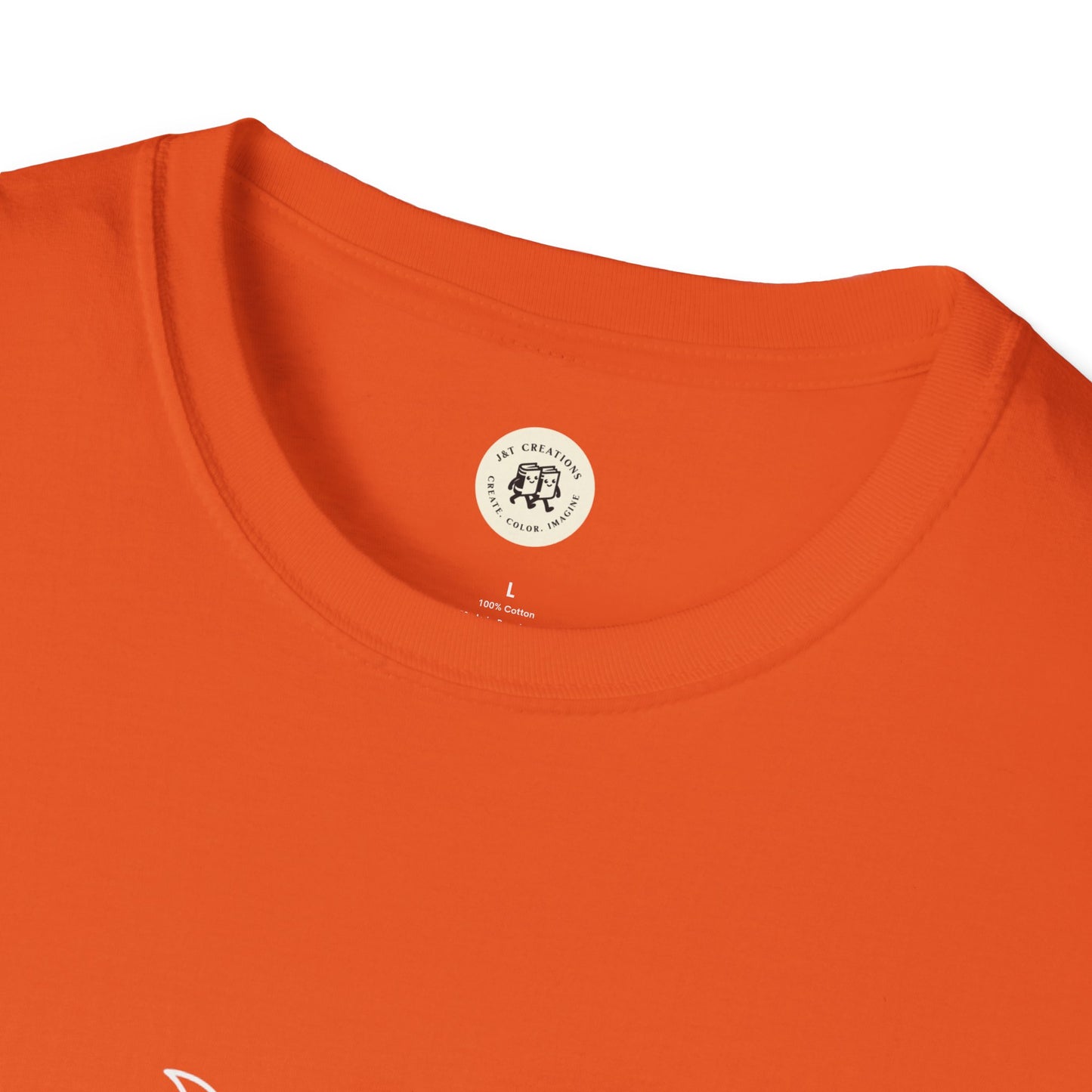 Orange crew neck witchcraft t-shirt unisex close up showing neckline and inner size label Printify