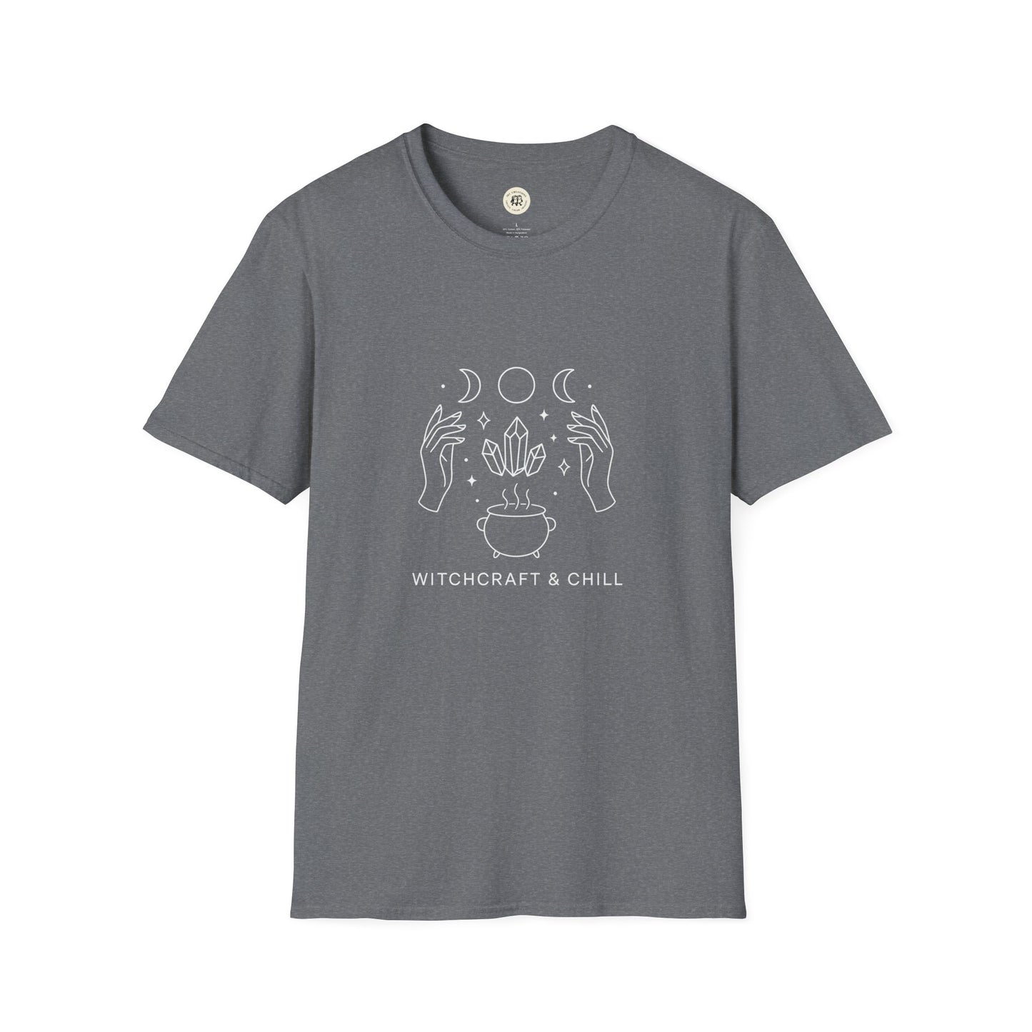 Printify gray tee with white line art of hands moon phases crystals cauldron WITCHCRAFT AND CHILL witchcraft t-shirt unisex