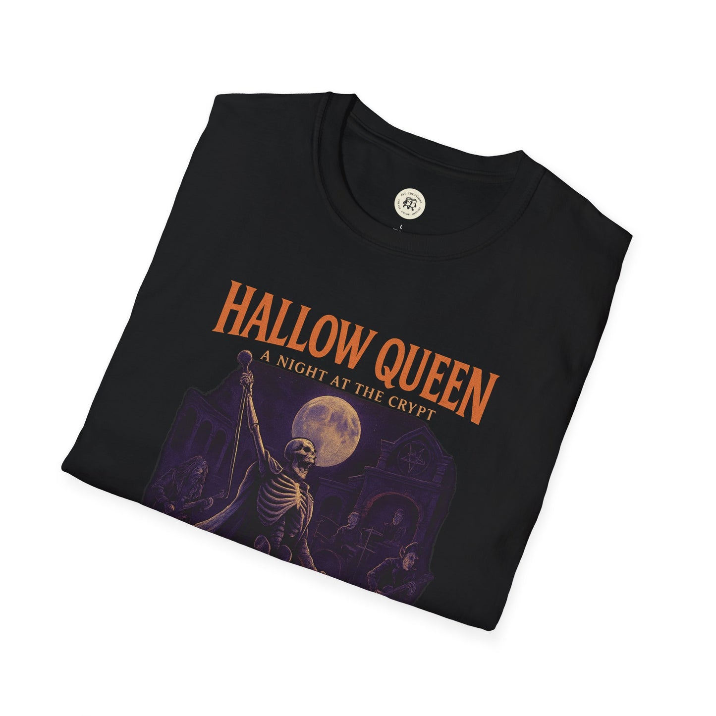 Black Printify spooky halloween queen t-shirt featuring skeleton and moon graphic design