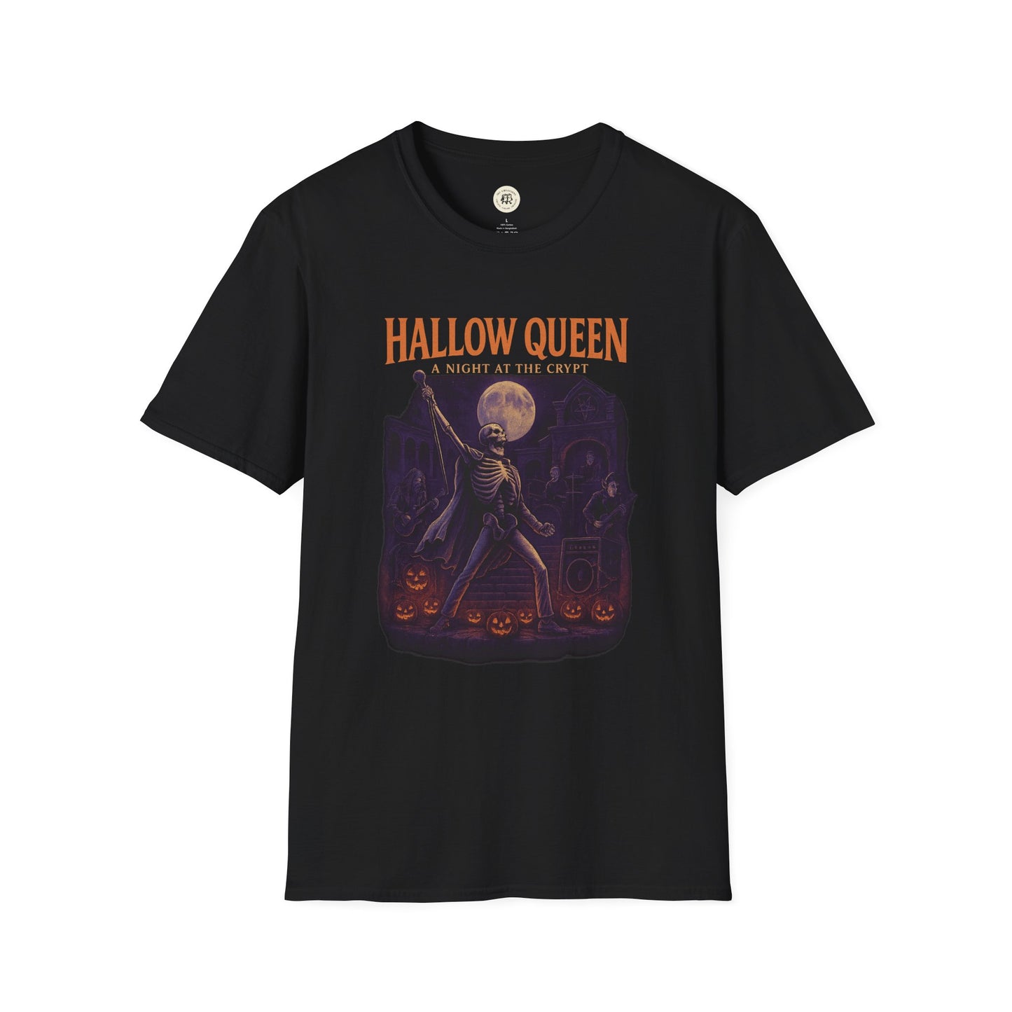 Black Printify spooky halloween queen t-shirt with skeleton and pumpkin graphic design