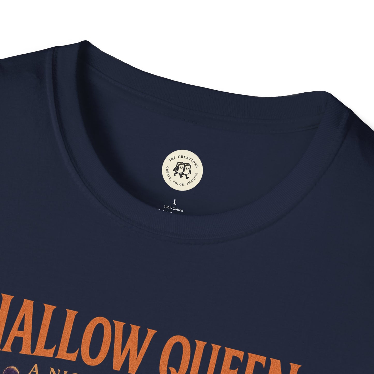 Navy Printify spooky halloween queen t-shirt with orange text and classic crew neck design