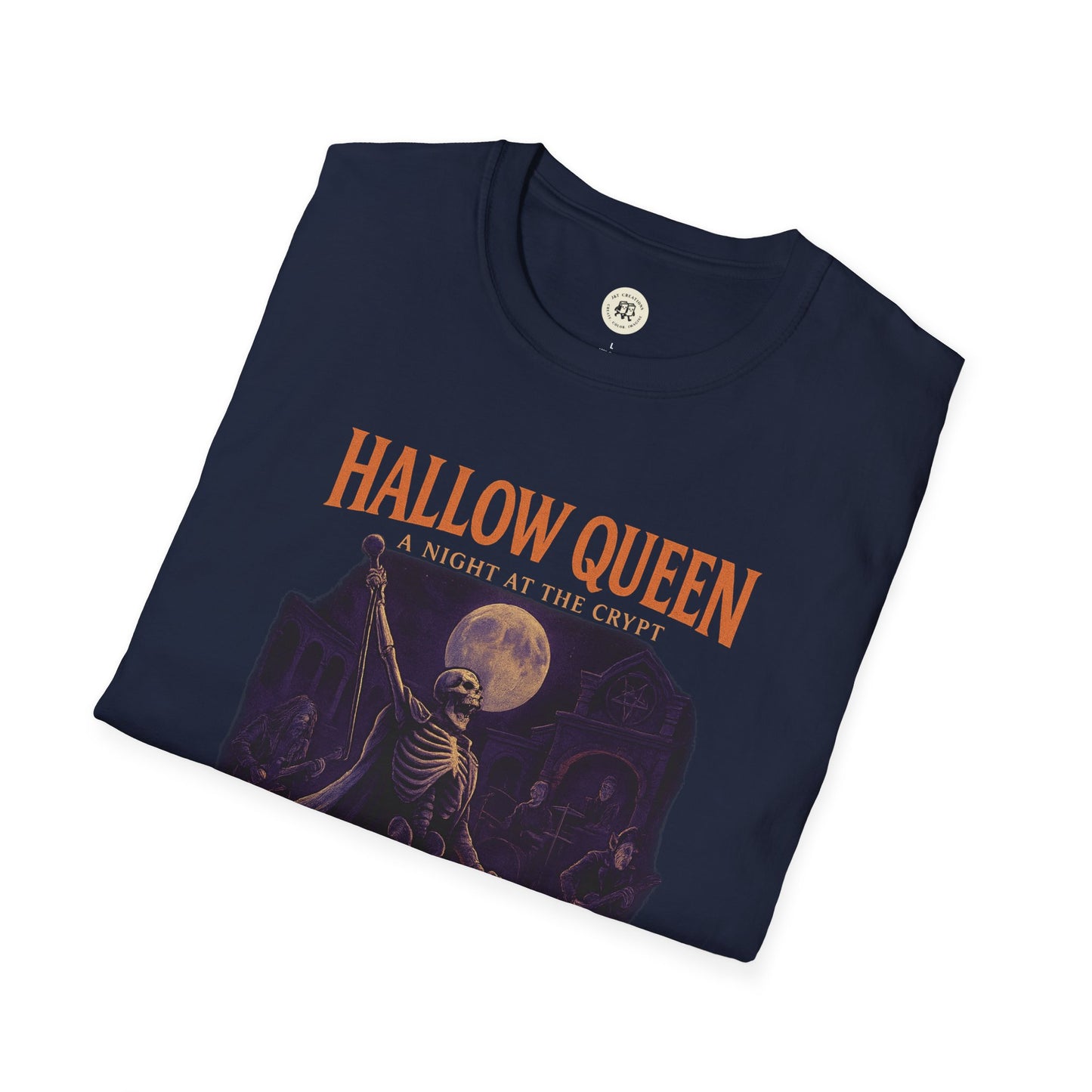 Printify spooky halloween queen t-shirt with skeleton and full moon graphic on navy fabric