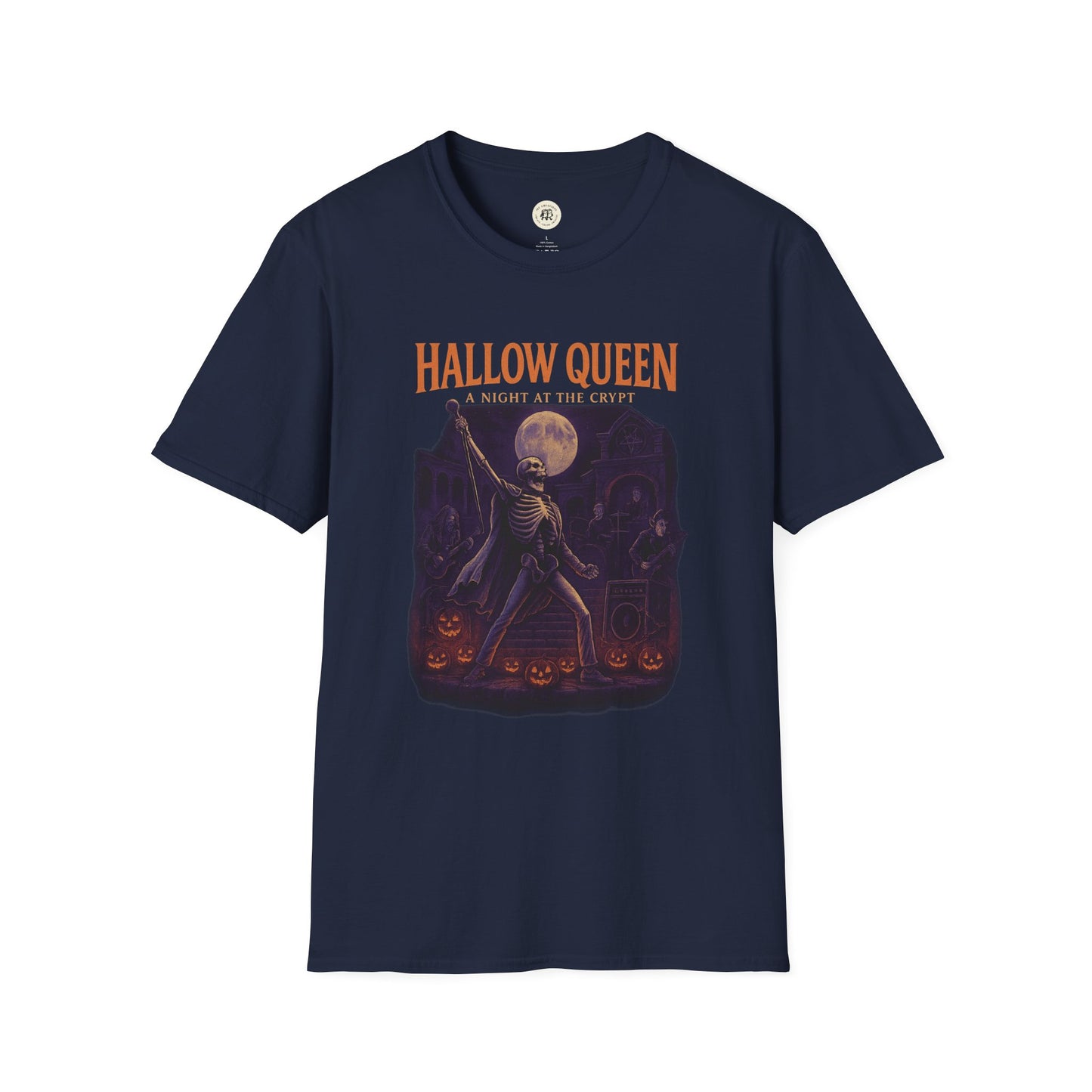 Printify spooky halloween queen t-shirt with skeleton and pumpkin design on navy blue fabric