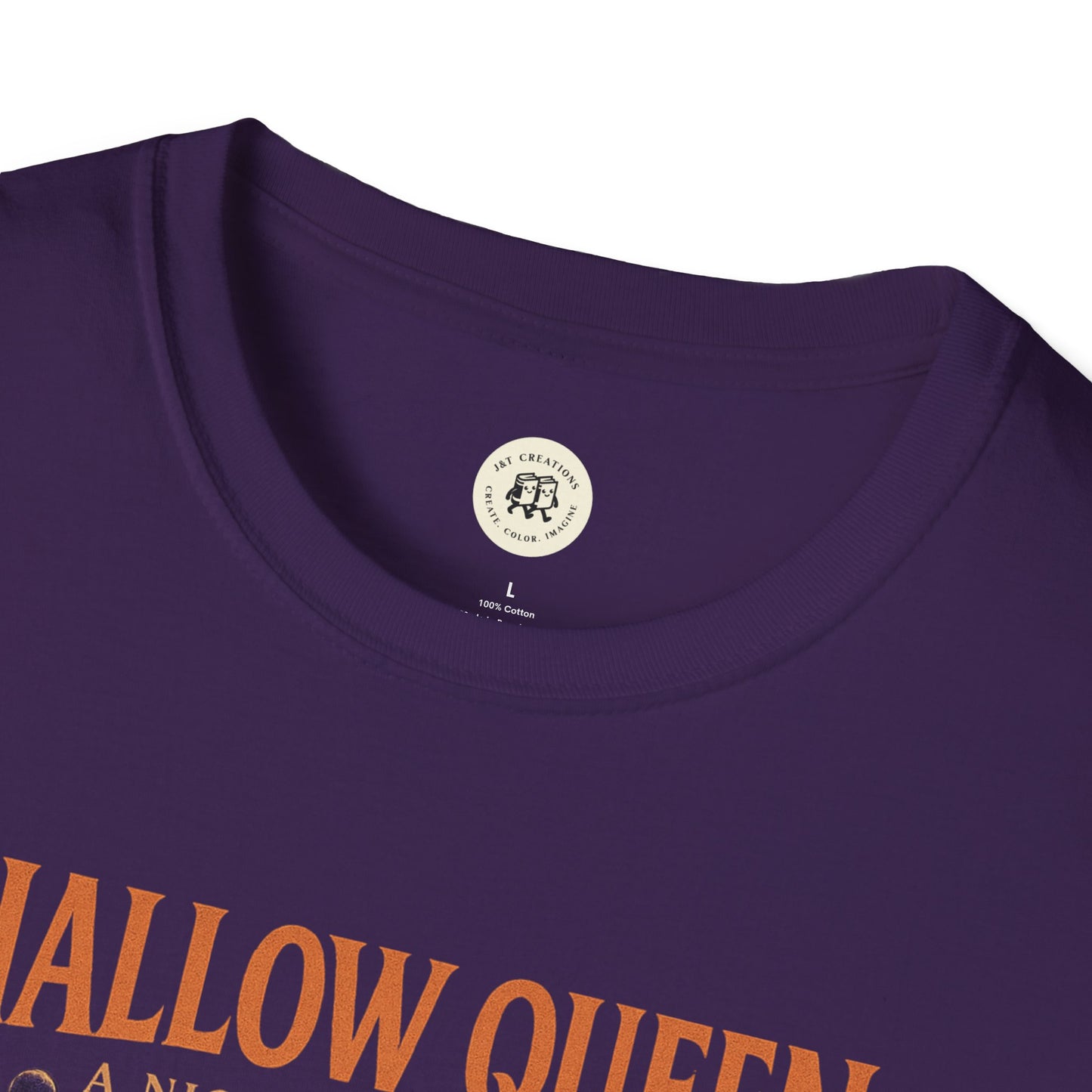 Close-up of purple Printify spooky halloween queen t-shirt with orange graphic text on cotton fabric