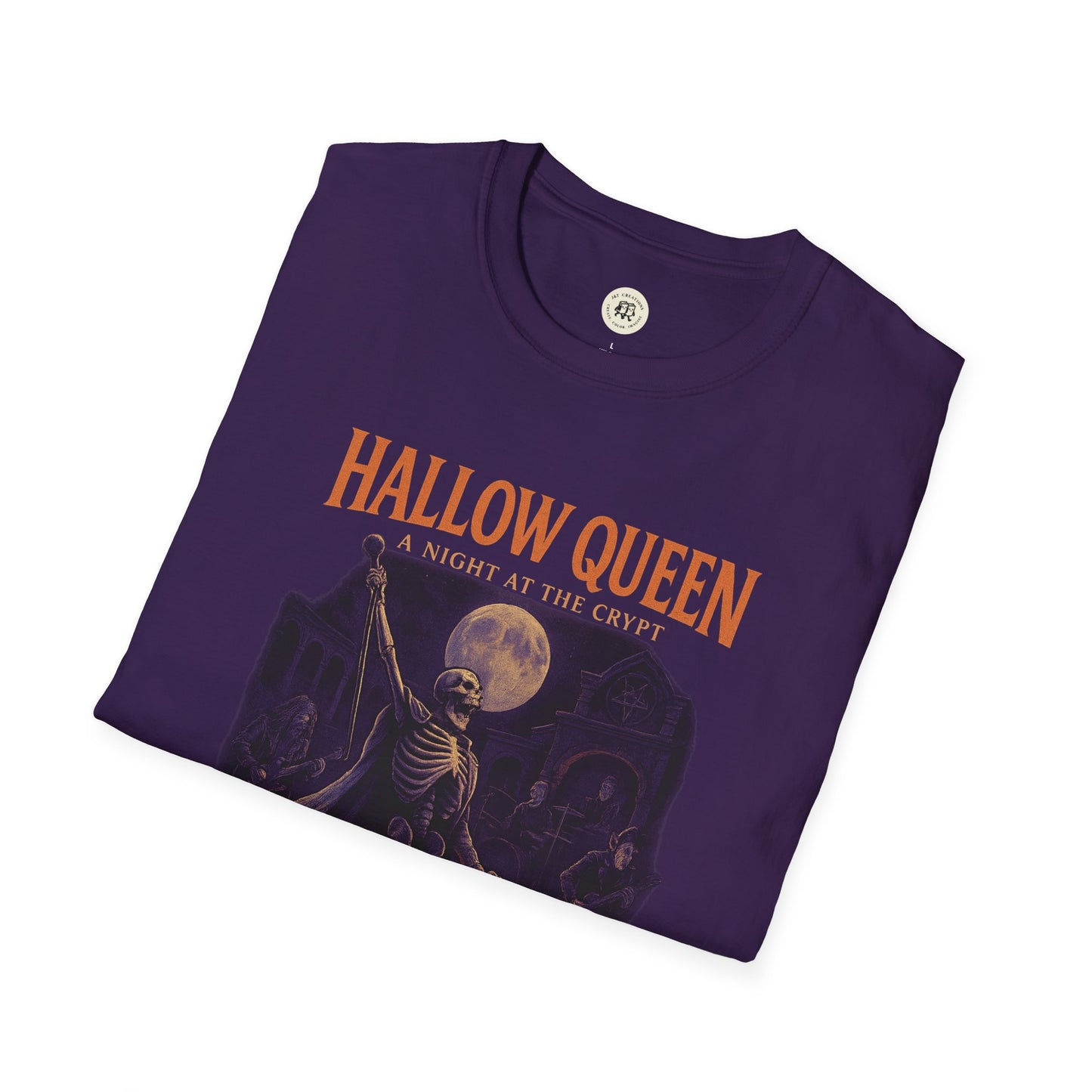 Purple spooky halloween queen t-shirt with skeleton and full moon design by Printify