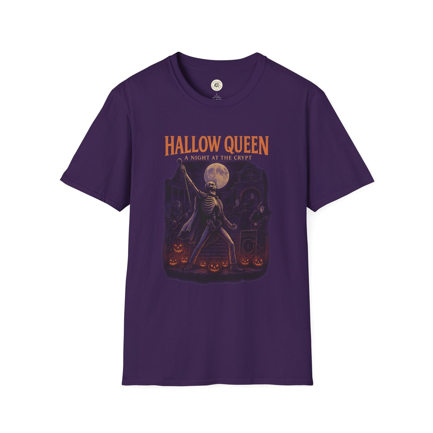 Printify spooky halloween queen t-shirt featuring skeleton dancing with pumpkins on purple fabric