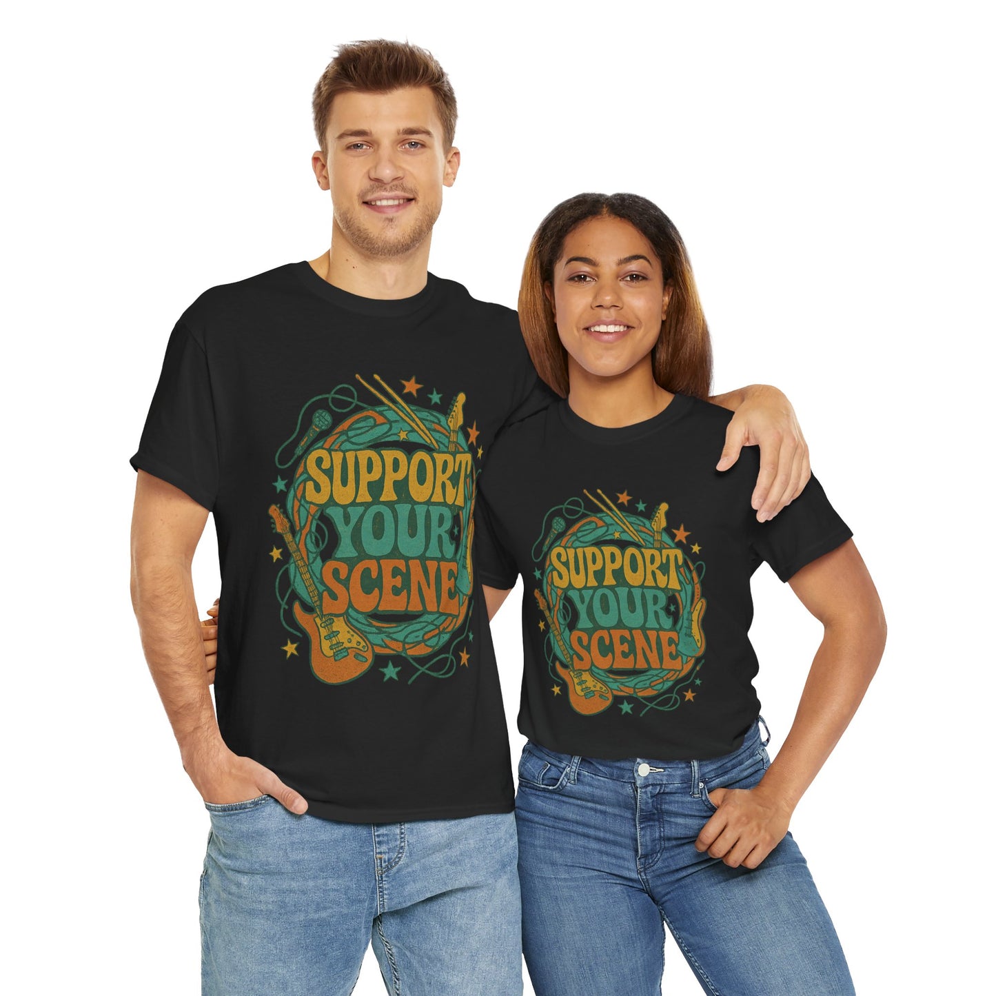 Man and woman wearing black Printify support your scene t-shirt with music-themed graphic design