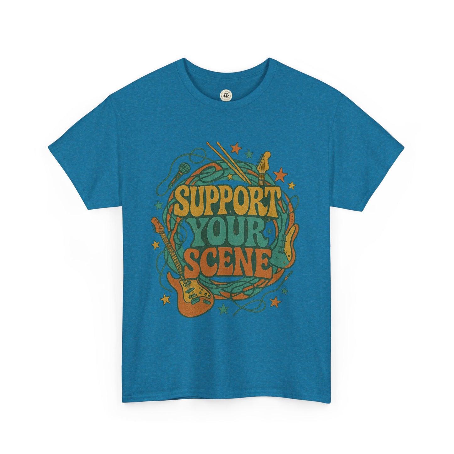 Blue Printify support your scene t-shirt with music-themed graphic including guitars and drumsticks