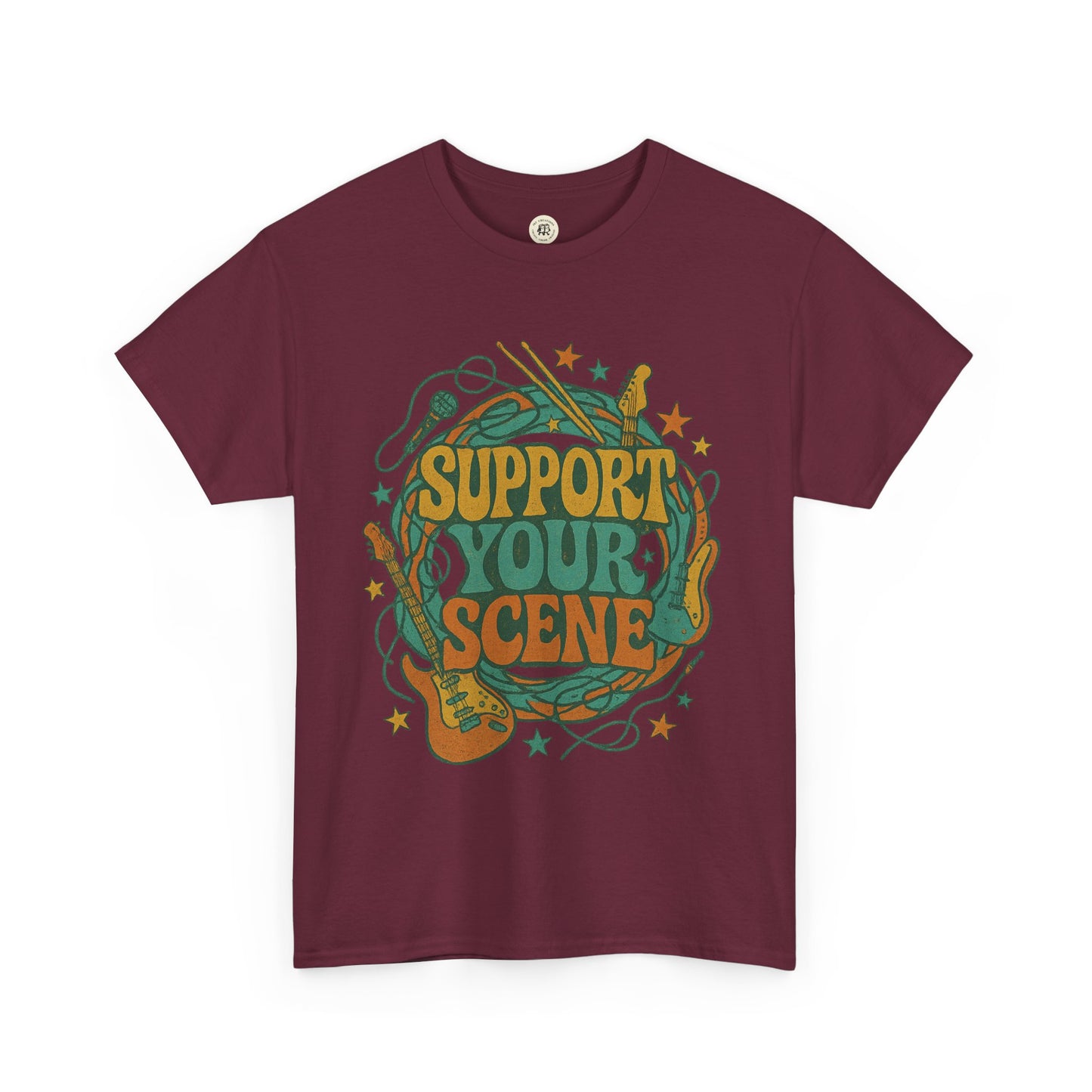 Maroon support your scene t-shirt with colorful music instruments and stars graphic design