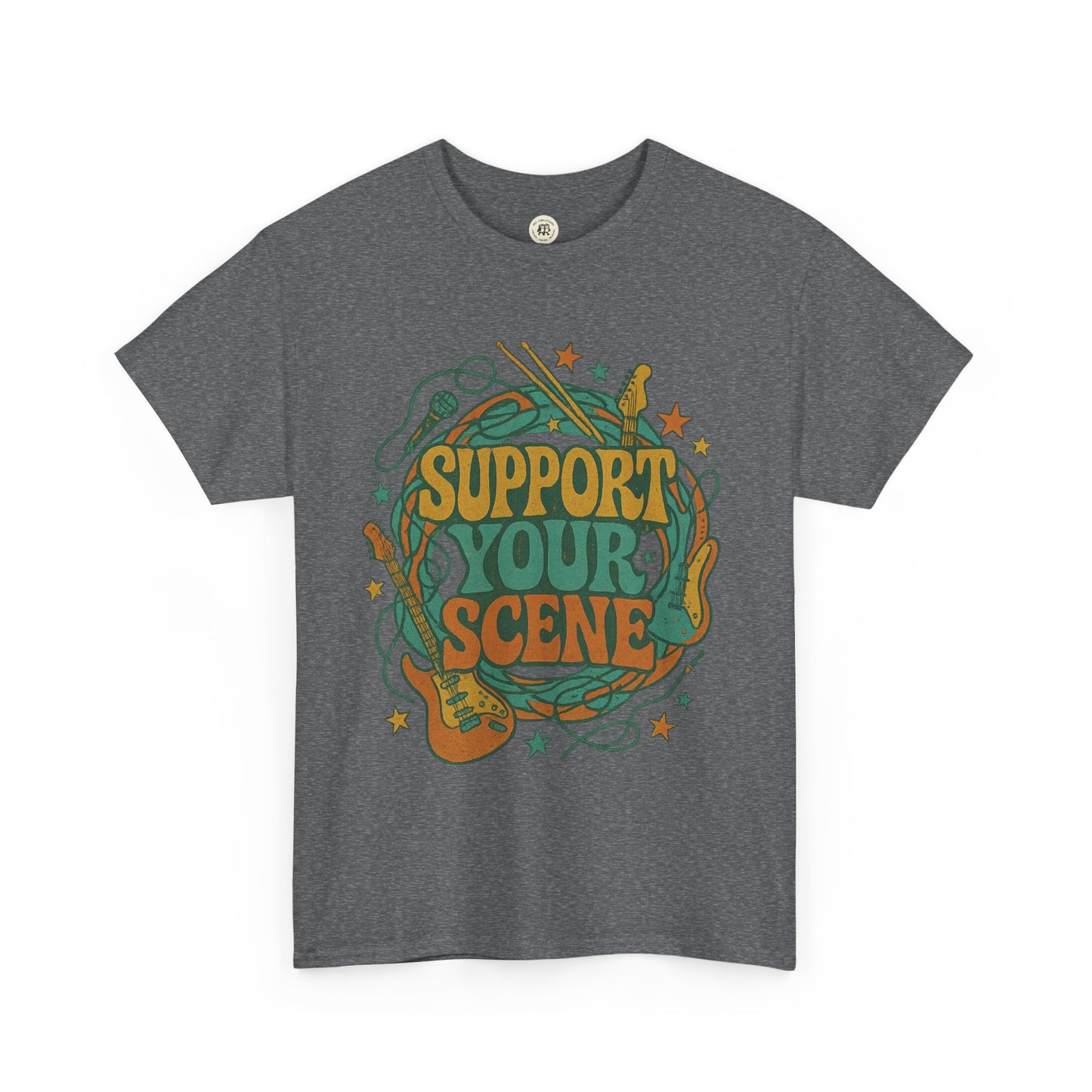 Gray Printify t-shirt with colorful music-themed graphic and support your scene t-shirt text
