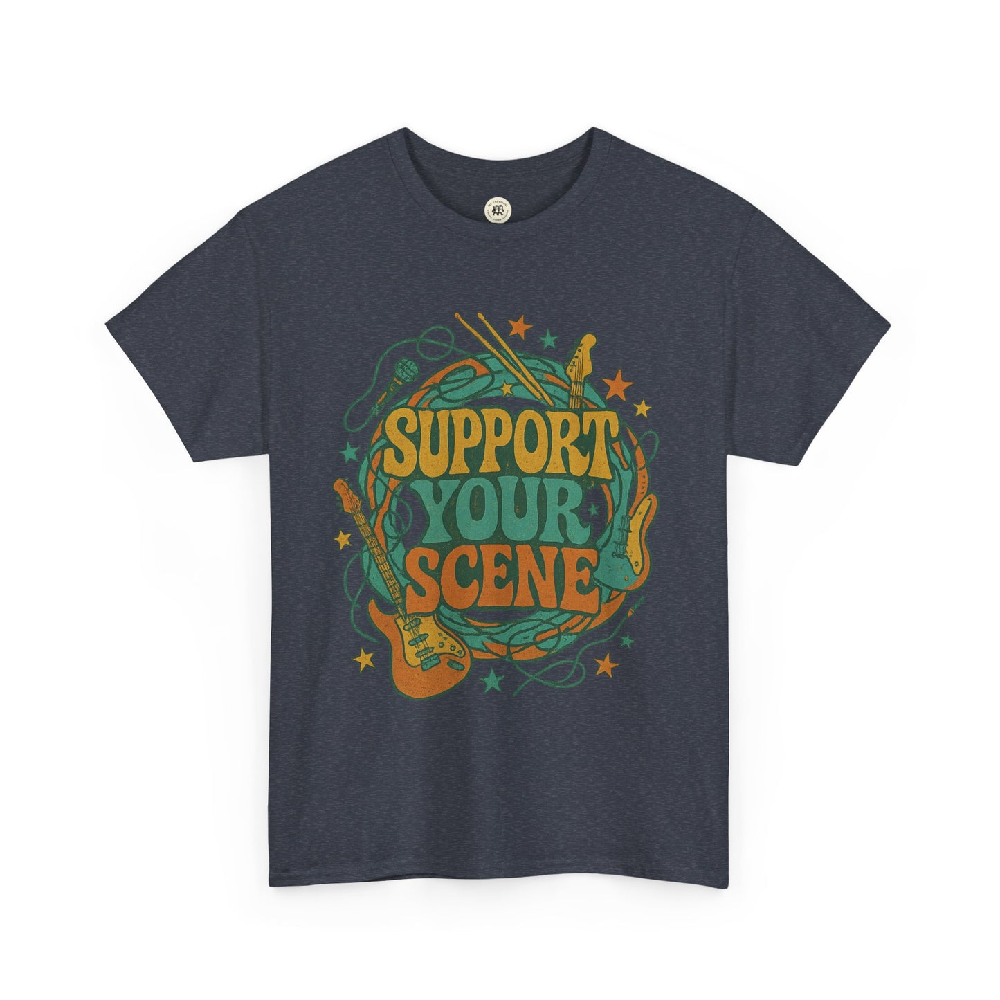 Support your scene t-shirt in dark gray with colorful music-themed graphic design by Printify
