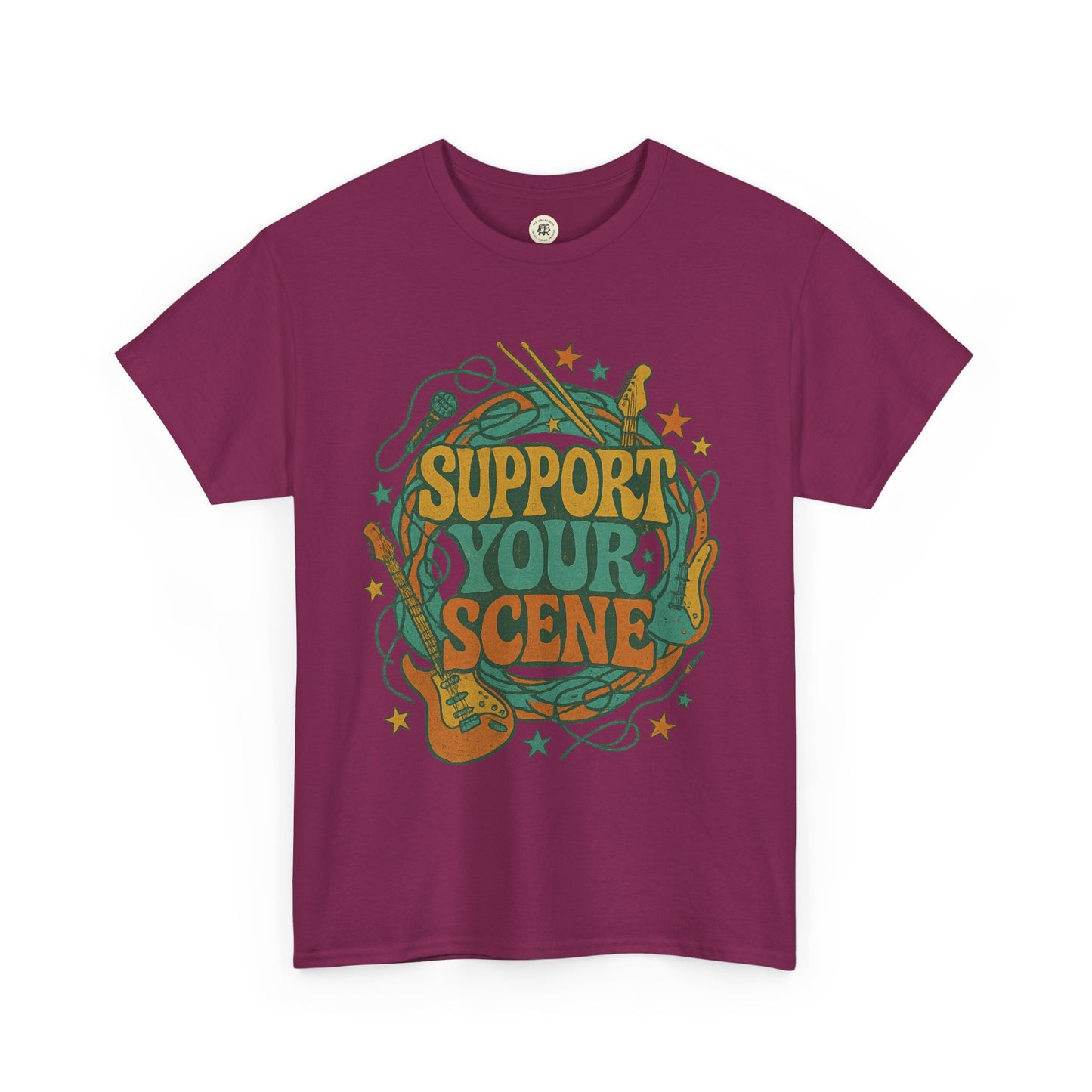 Printify maroon support your scene t-shirt with colorful music instruments and stars graphic