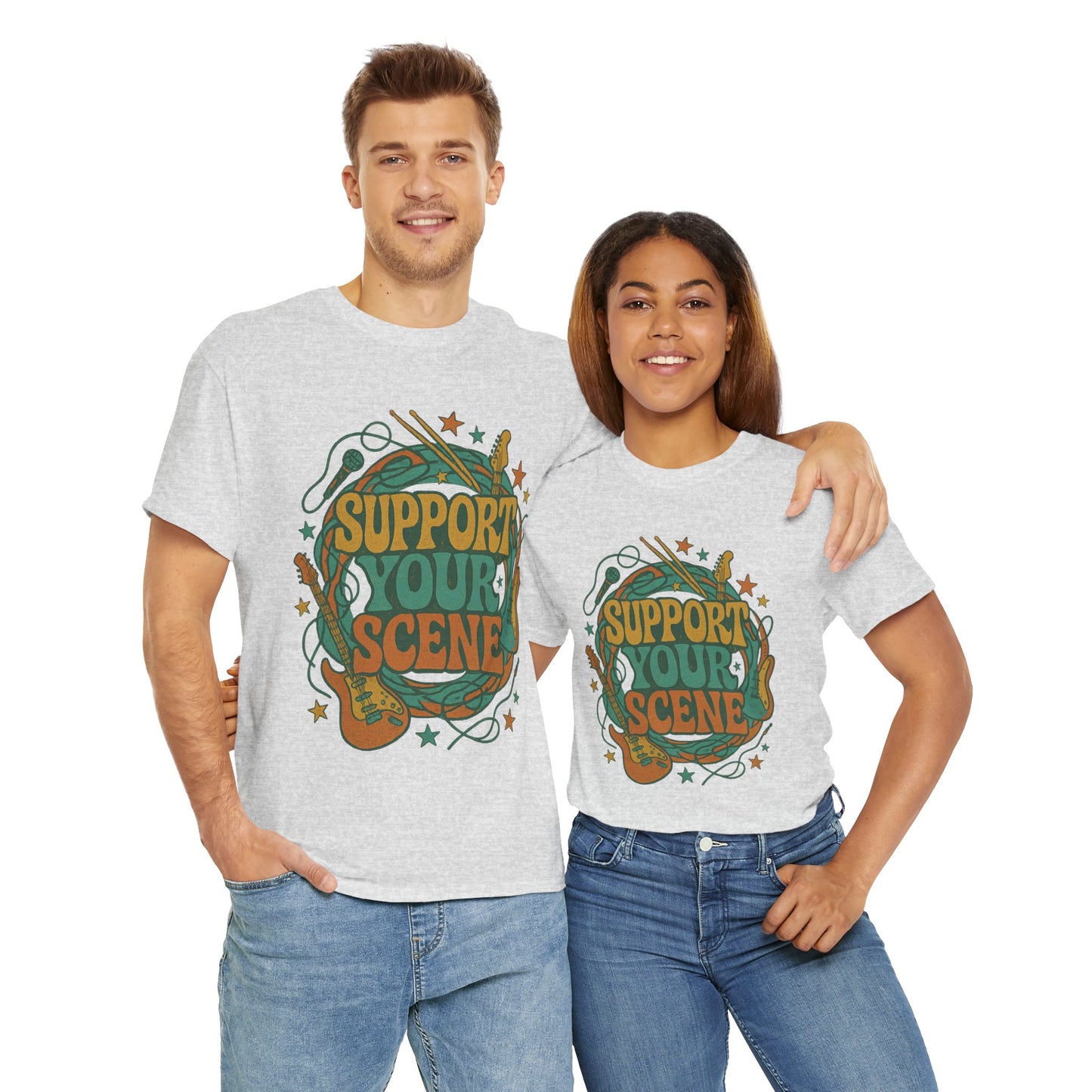 Man and woman wearing gray support your scene t-shirt with guitar and stars graphic design