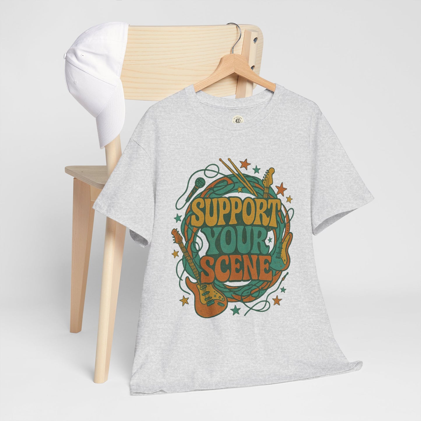 Gray Printify t-shirt with colorful support your scene t-shirt design featuring guitars and stars
