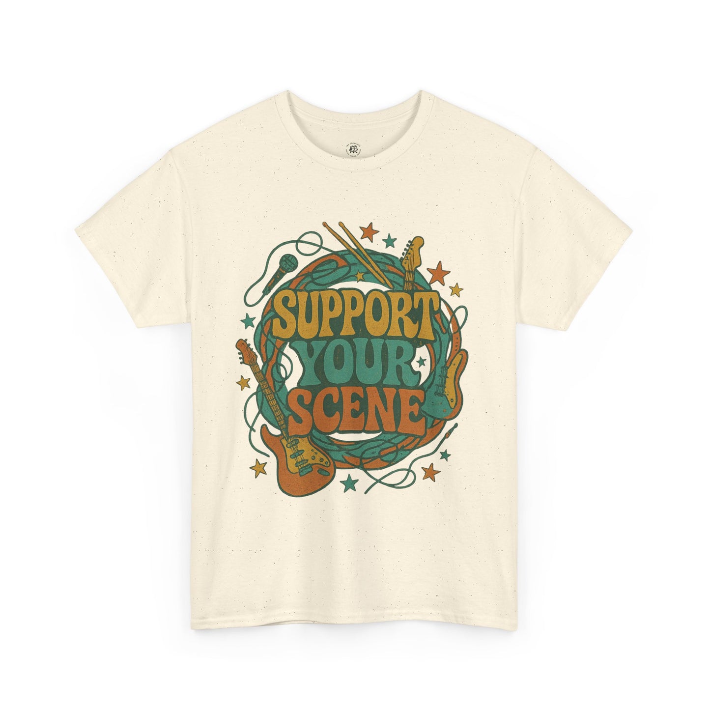 Printify cream support your scene t-shirt with vintage musical instruments and star design