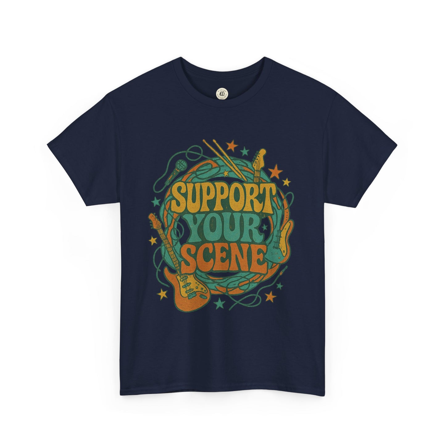Navy blue support your scene t-shirt with colorful music instruments and stars graphic design