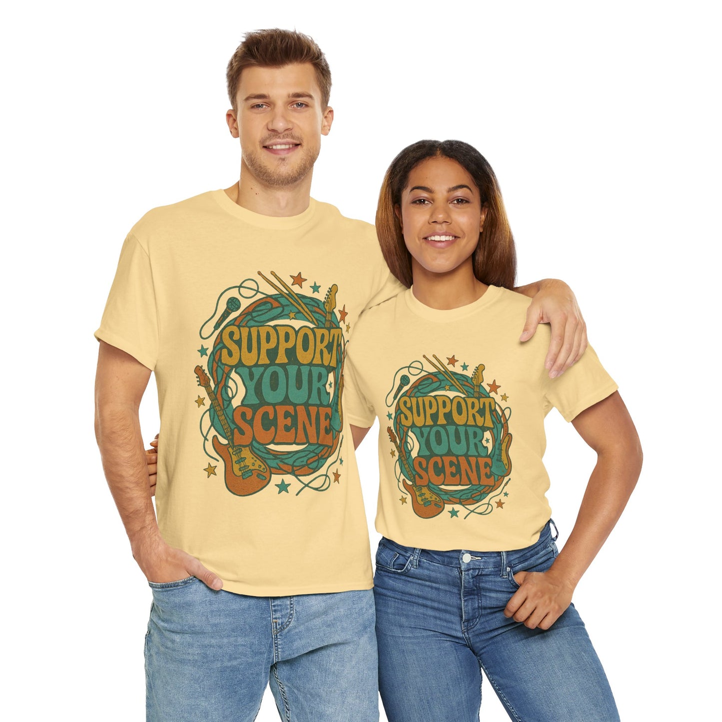 Man and woman wearing yellow support your scene t-shirt with guitar and stars graphic design