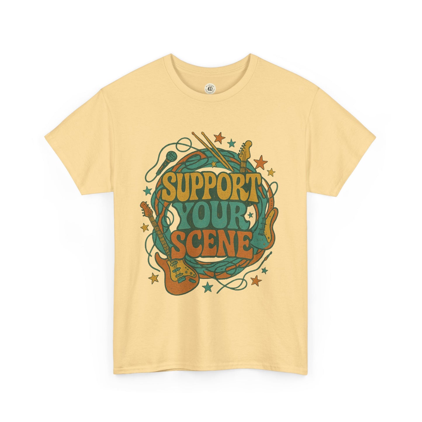 Yellow Printify support your scene t-shirt with vintage music design featuring guitars and stars