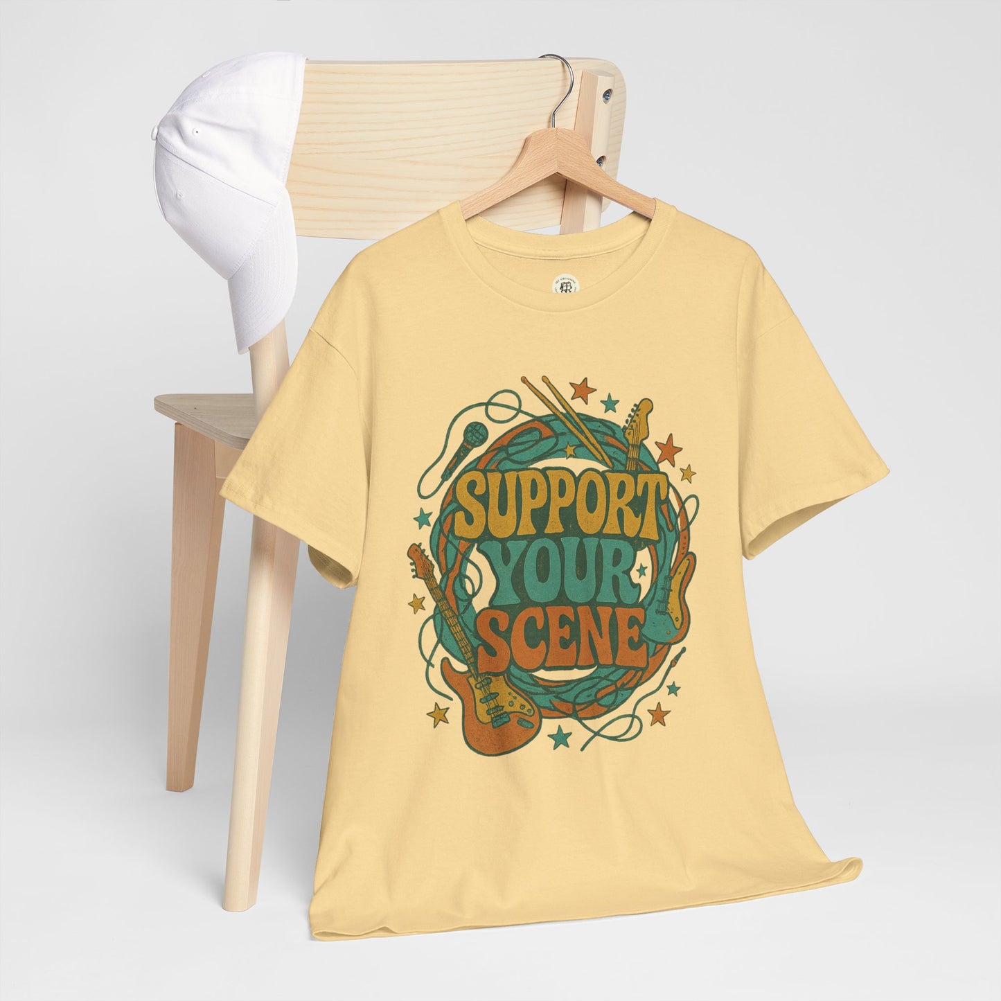 Yellow Printify support your scene t-shirt with vintage guitar and drumstick graphic design