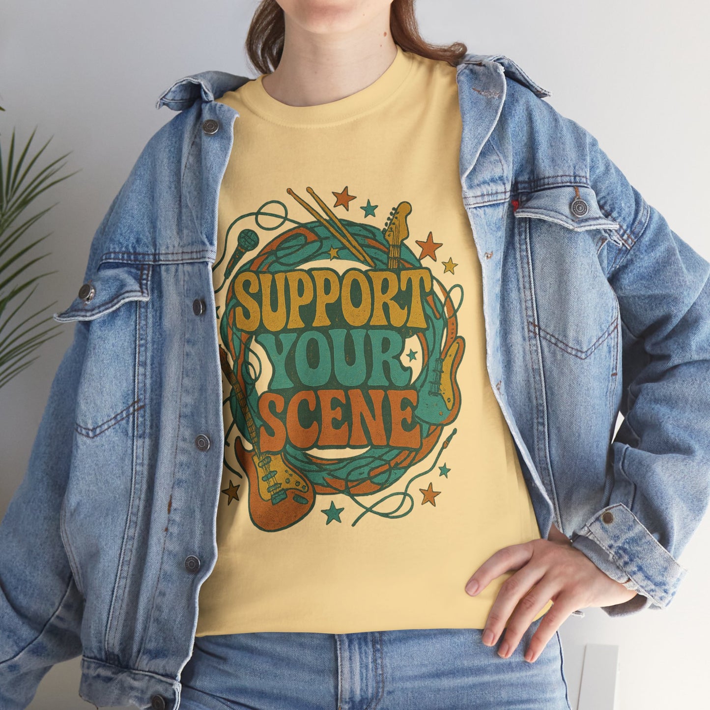 Support your scene t-shirt in yellow with retro music design worn with denim jacket