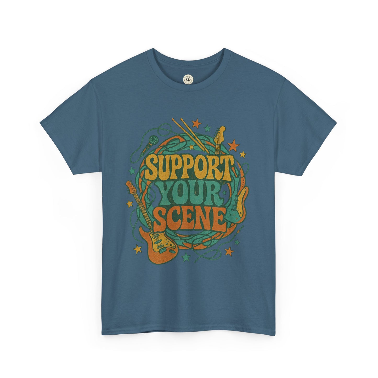 Support your scene t-shirt in blue with vintage music-themed graphic print on front